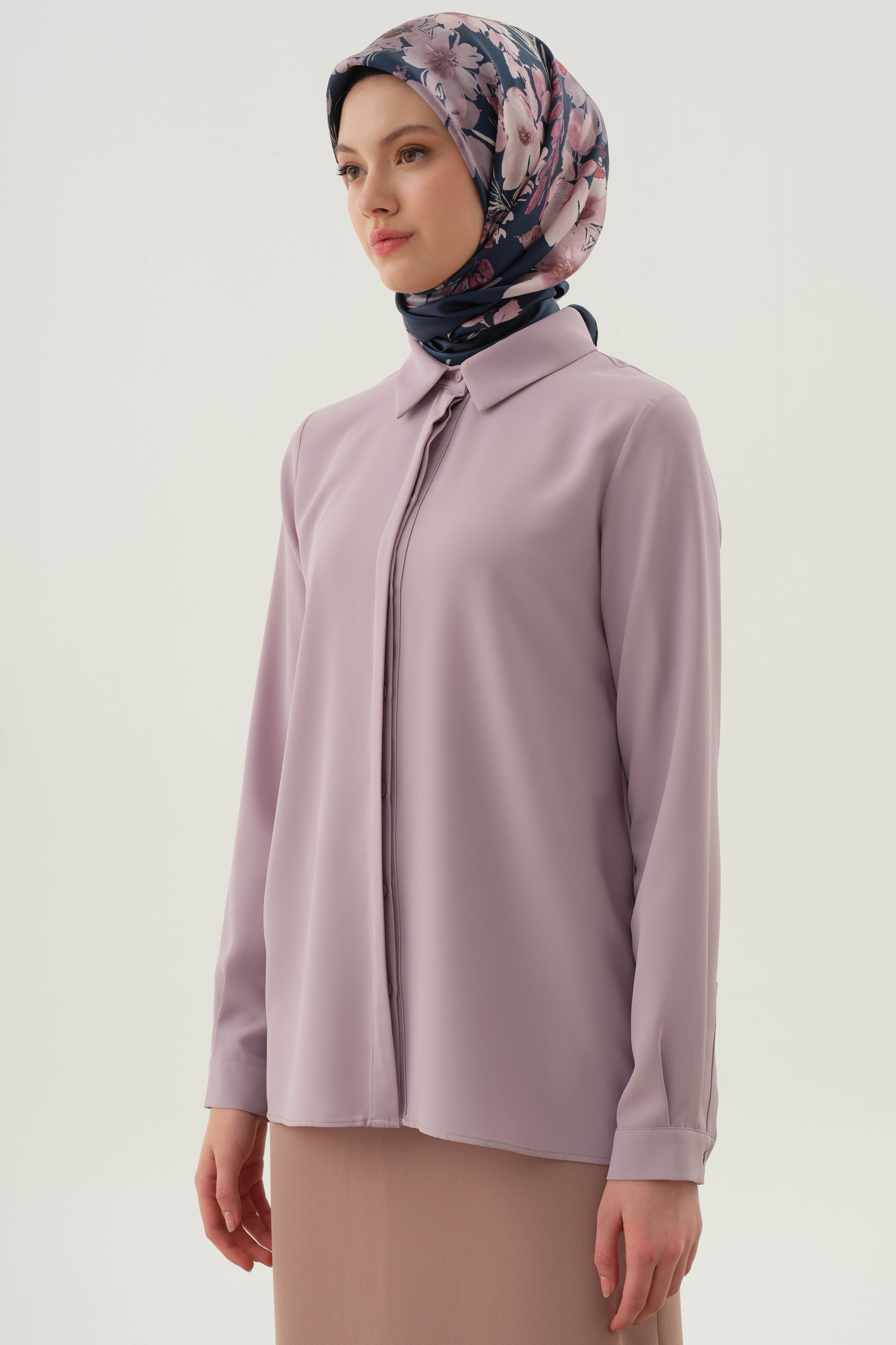 Basic Gizli Patlı Gömlek - Lila TUGBA