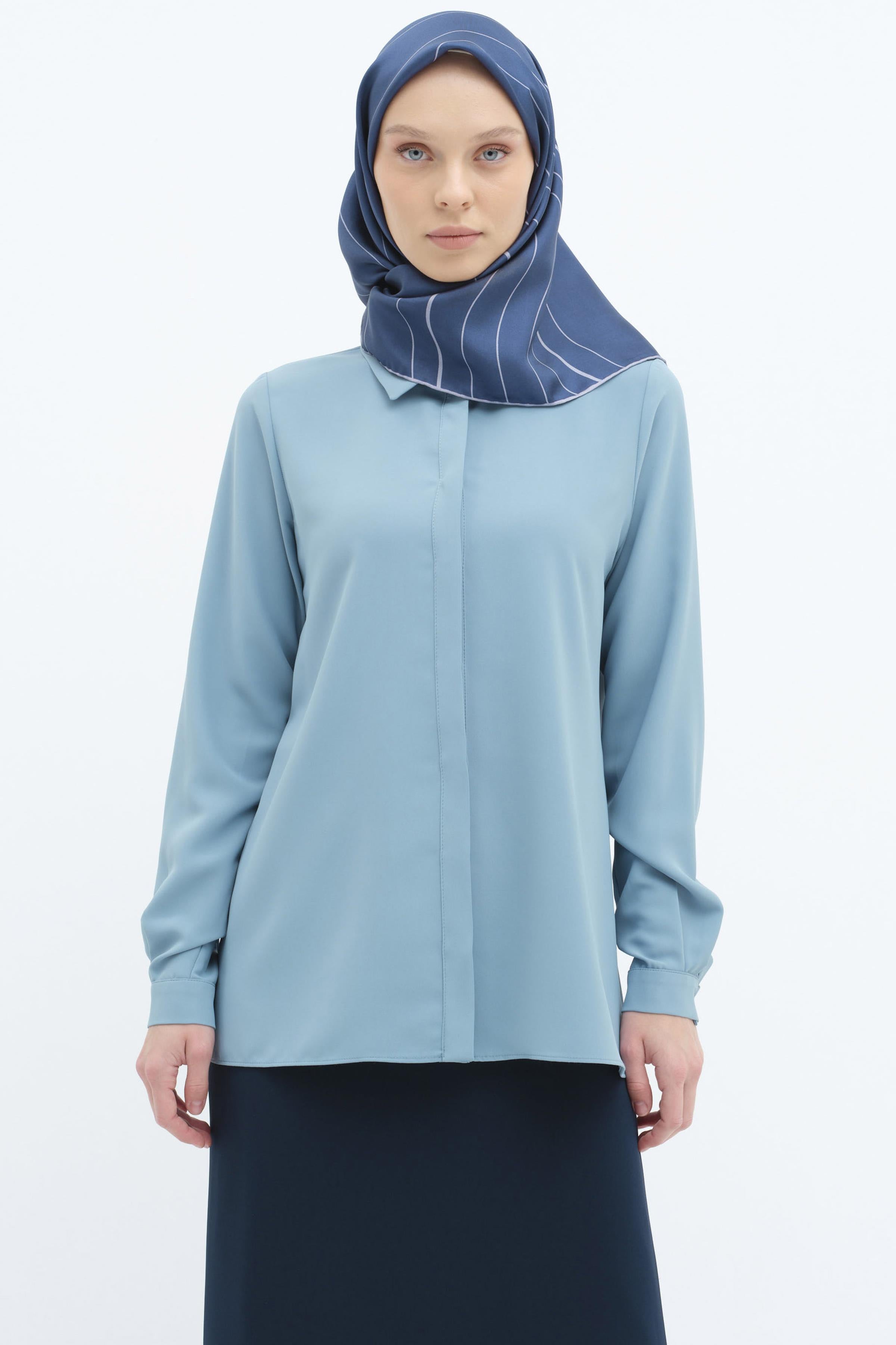Basic Gizli Patlı Gömlek - Mavi TUGBA