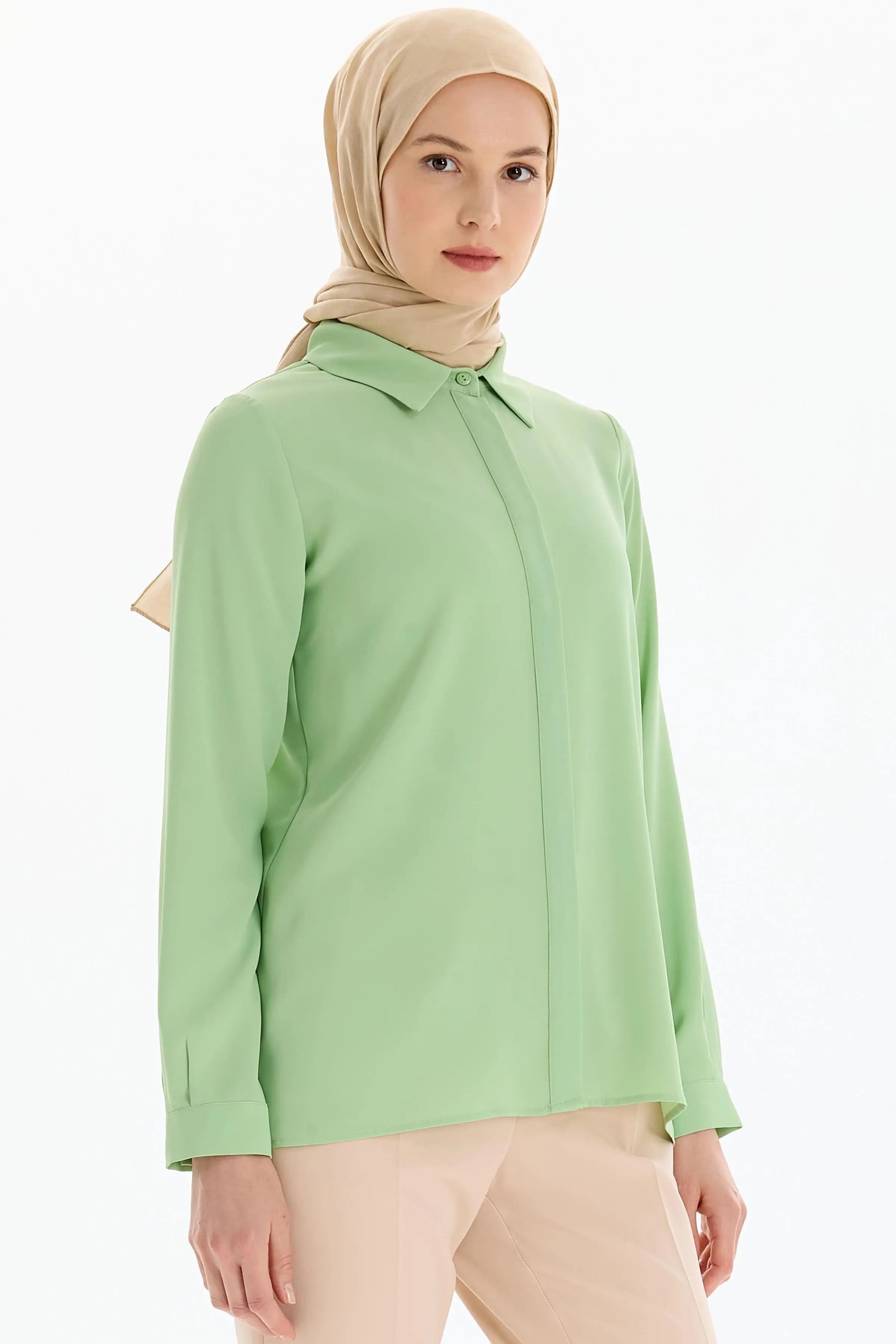 Basic Gizli Patlı Gömlek - Mint TUGBA
