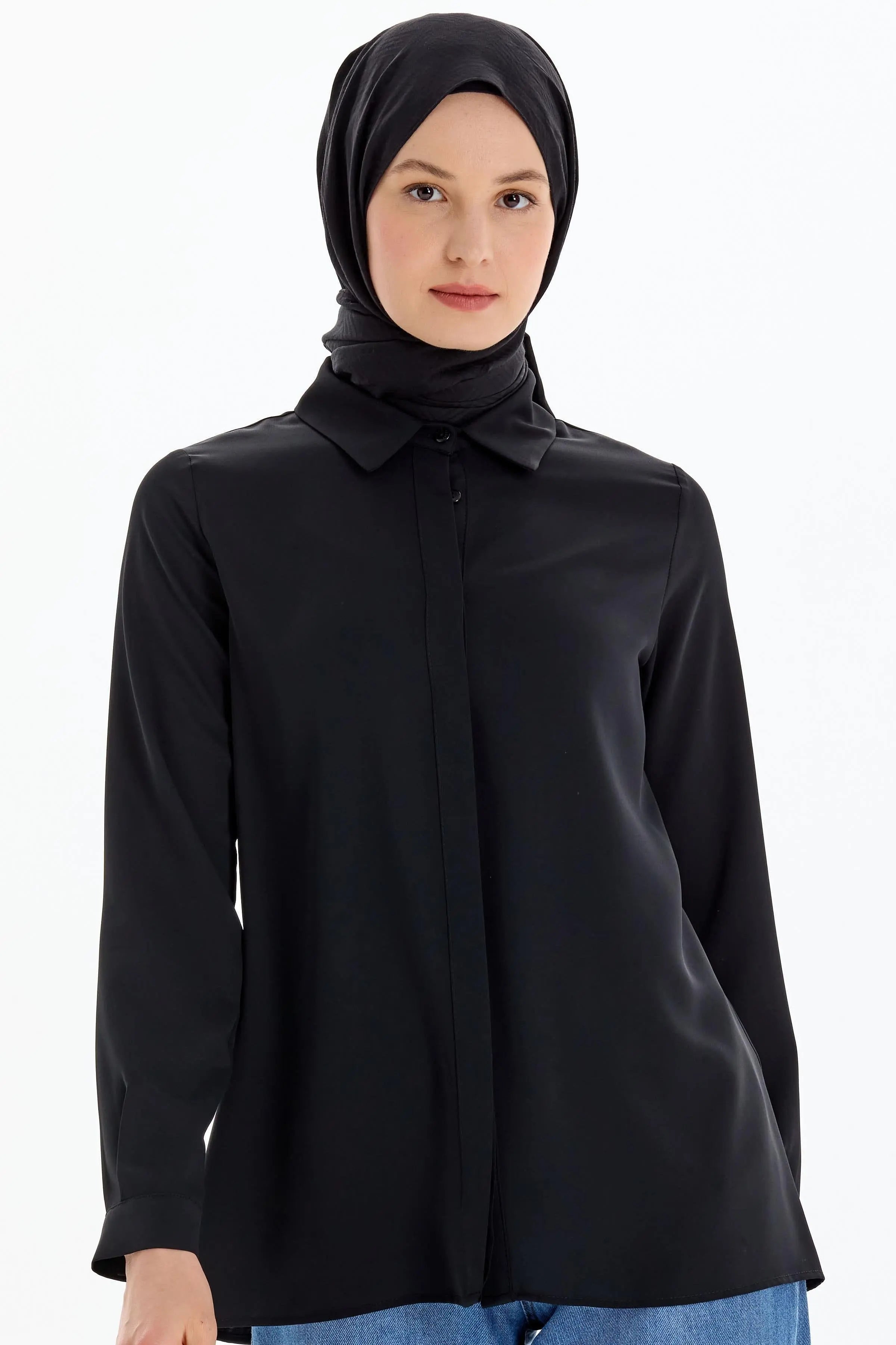 Basic Gizli Patlı Gömlek - Siyah TUGBA