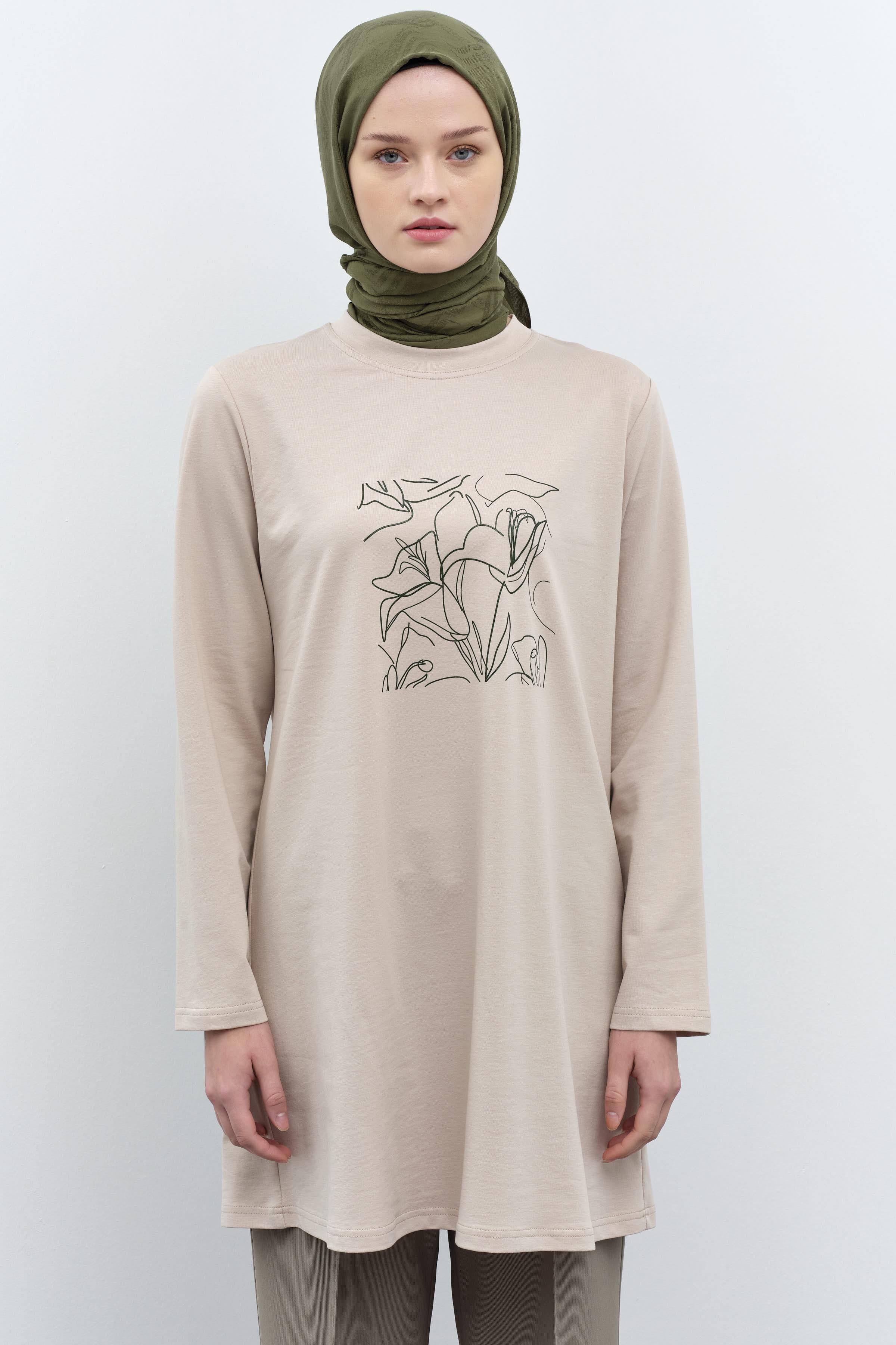 Baskı Desenli Örme Sweat - Bej TUĞBA