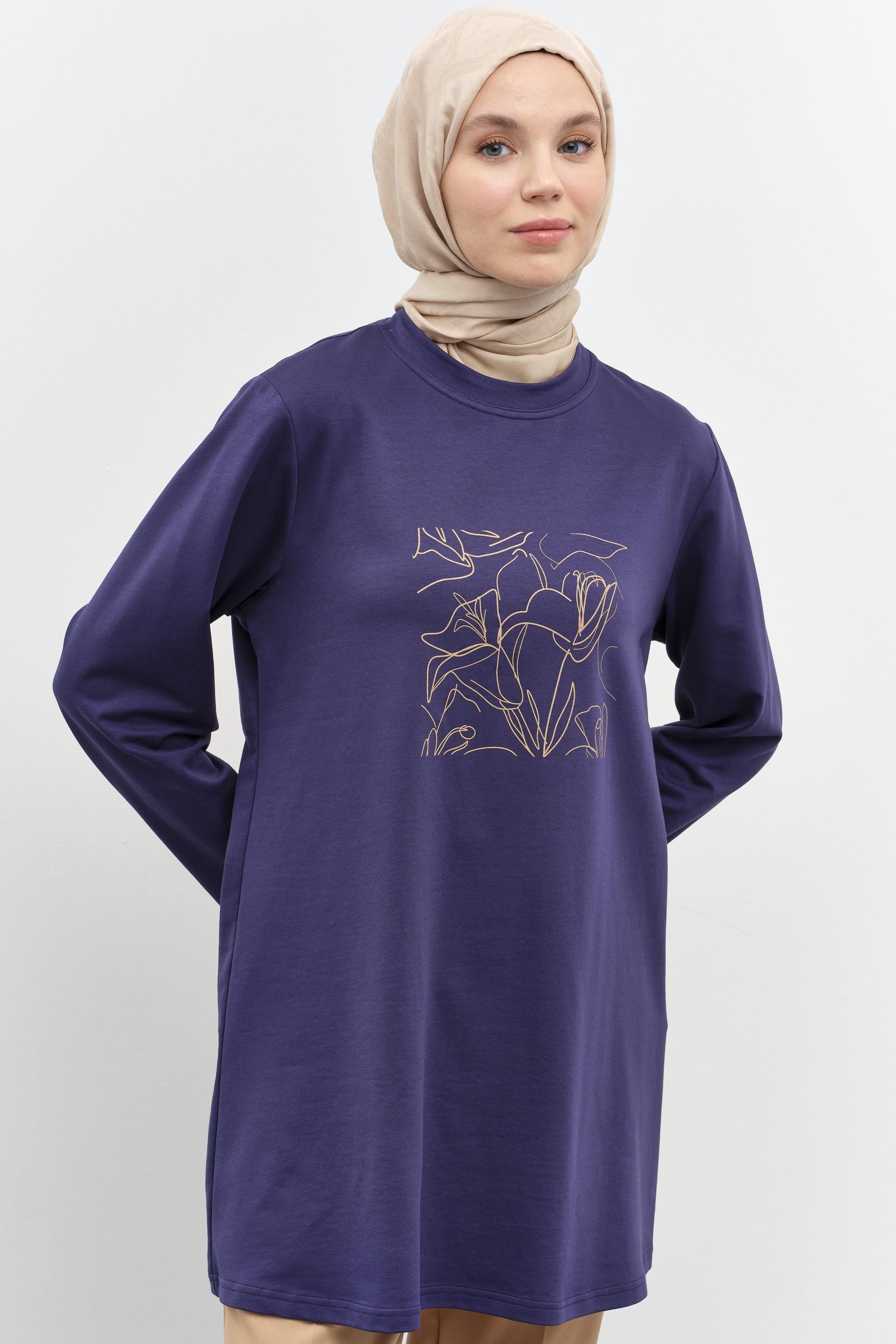 Baskı Desenli Örme Sweat - Lacivert TUGBA