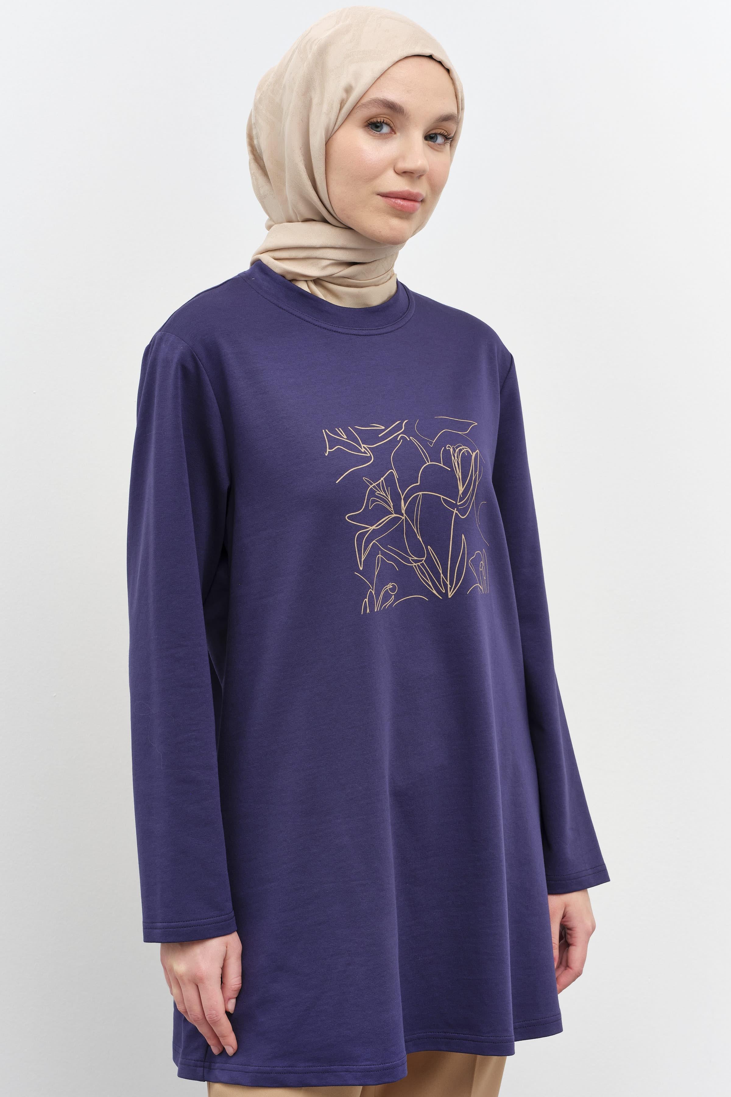 Baskı Desenli Örme Sweat - Lacivert TUGBA