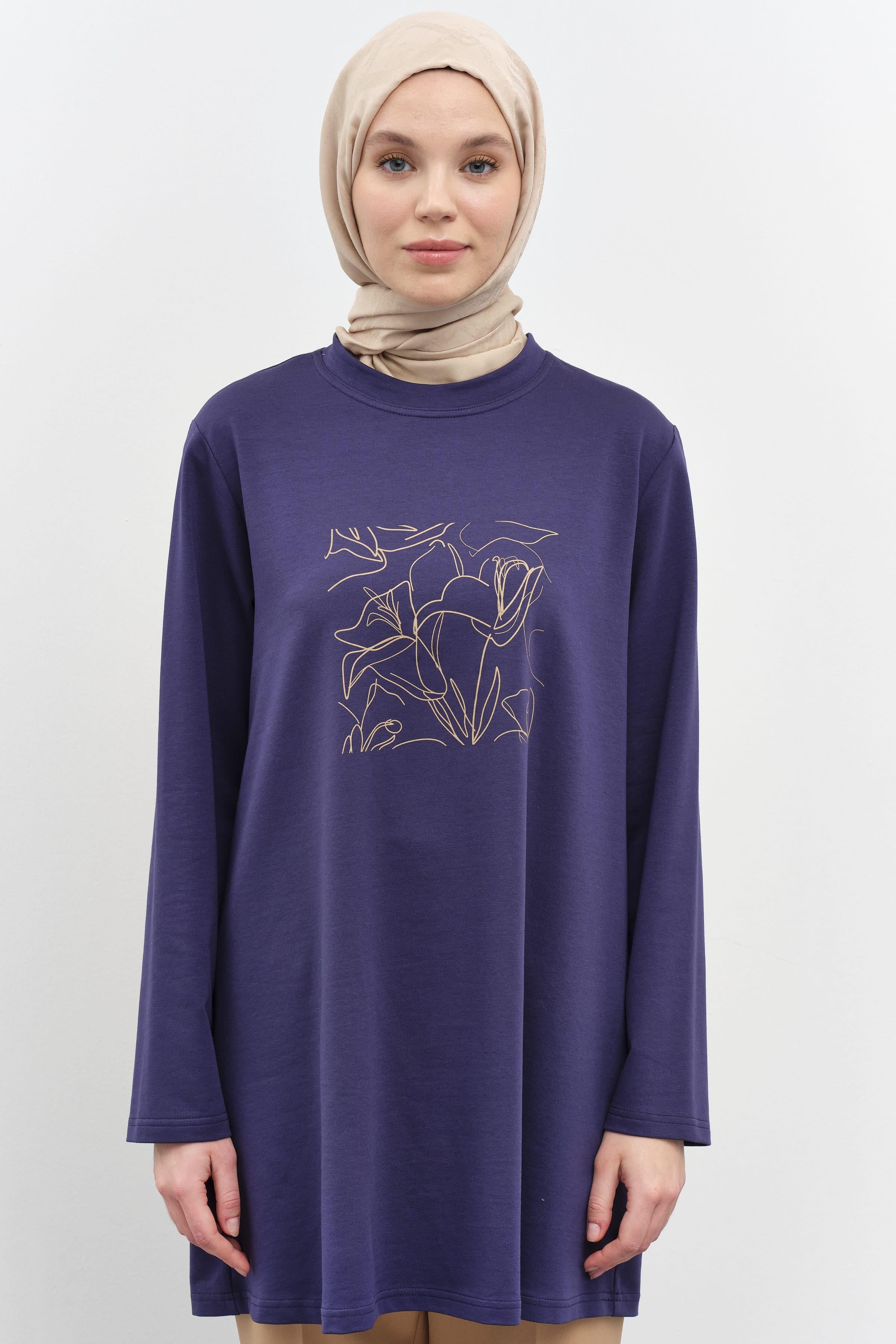 Baskı Desenli Örme Sweat - Lacivert TUGBA