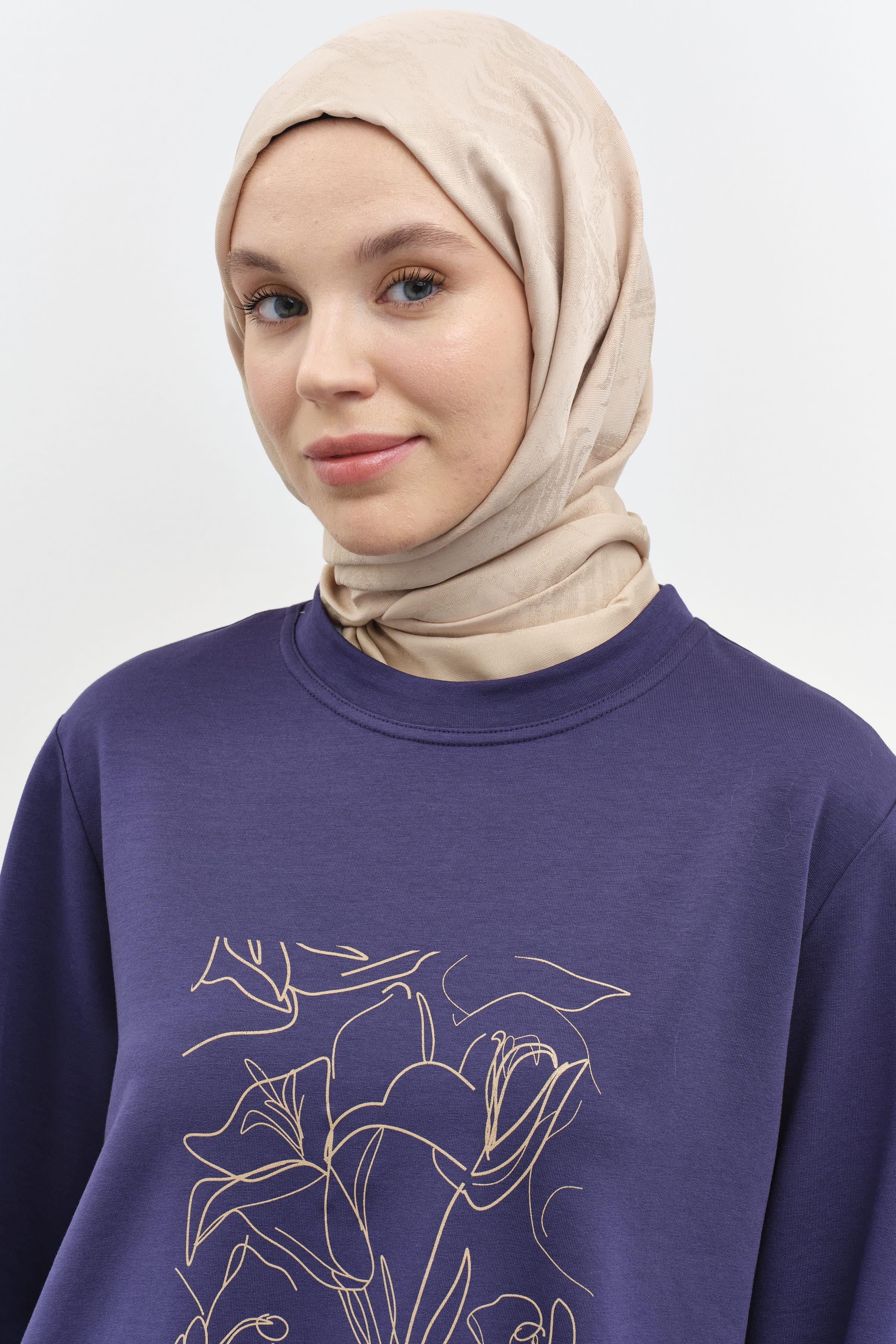 Baskı Desenli Örme Sweat - Lacivert TUGBA