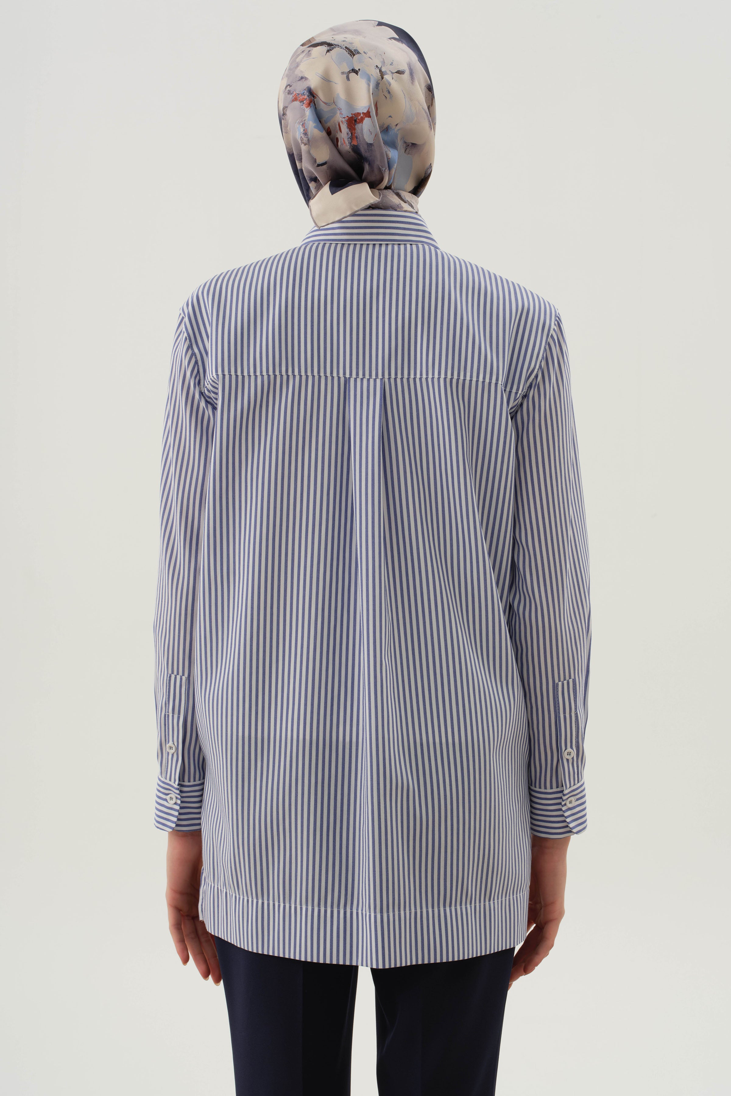 Baskı Taş Detaylı Çizgili Gömlek - İndigo TUGBA