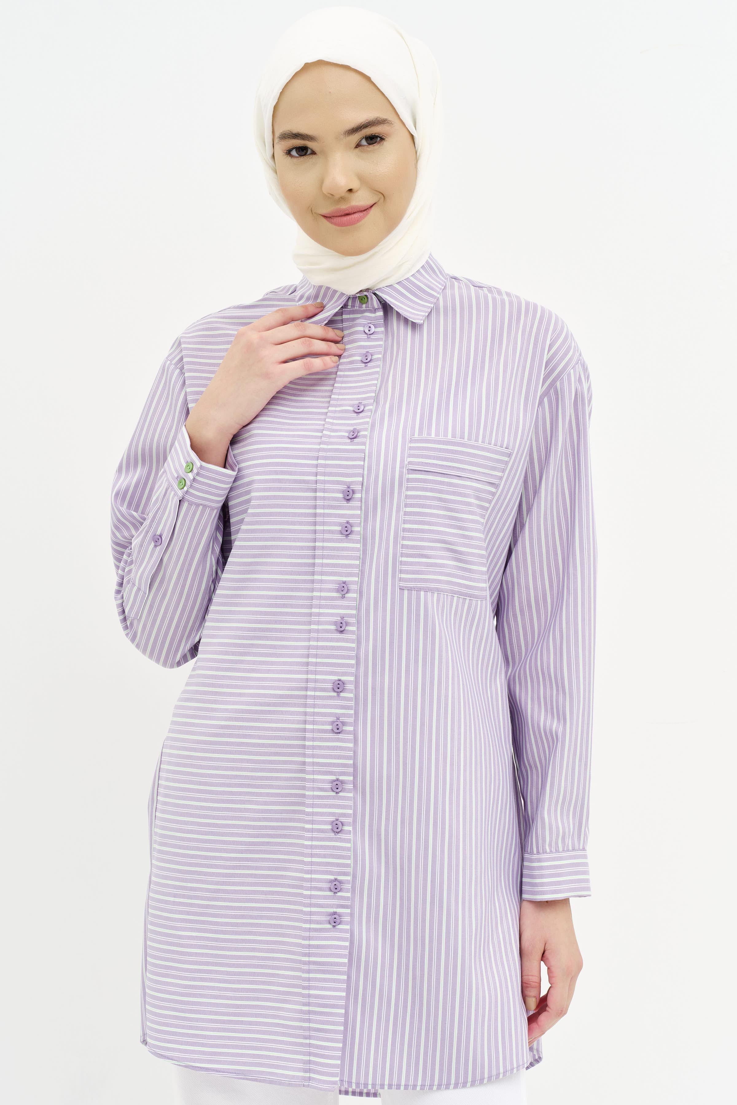Bel Bağcıklı Çizgili Tunik - Lila TUGBA