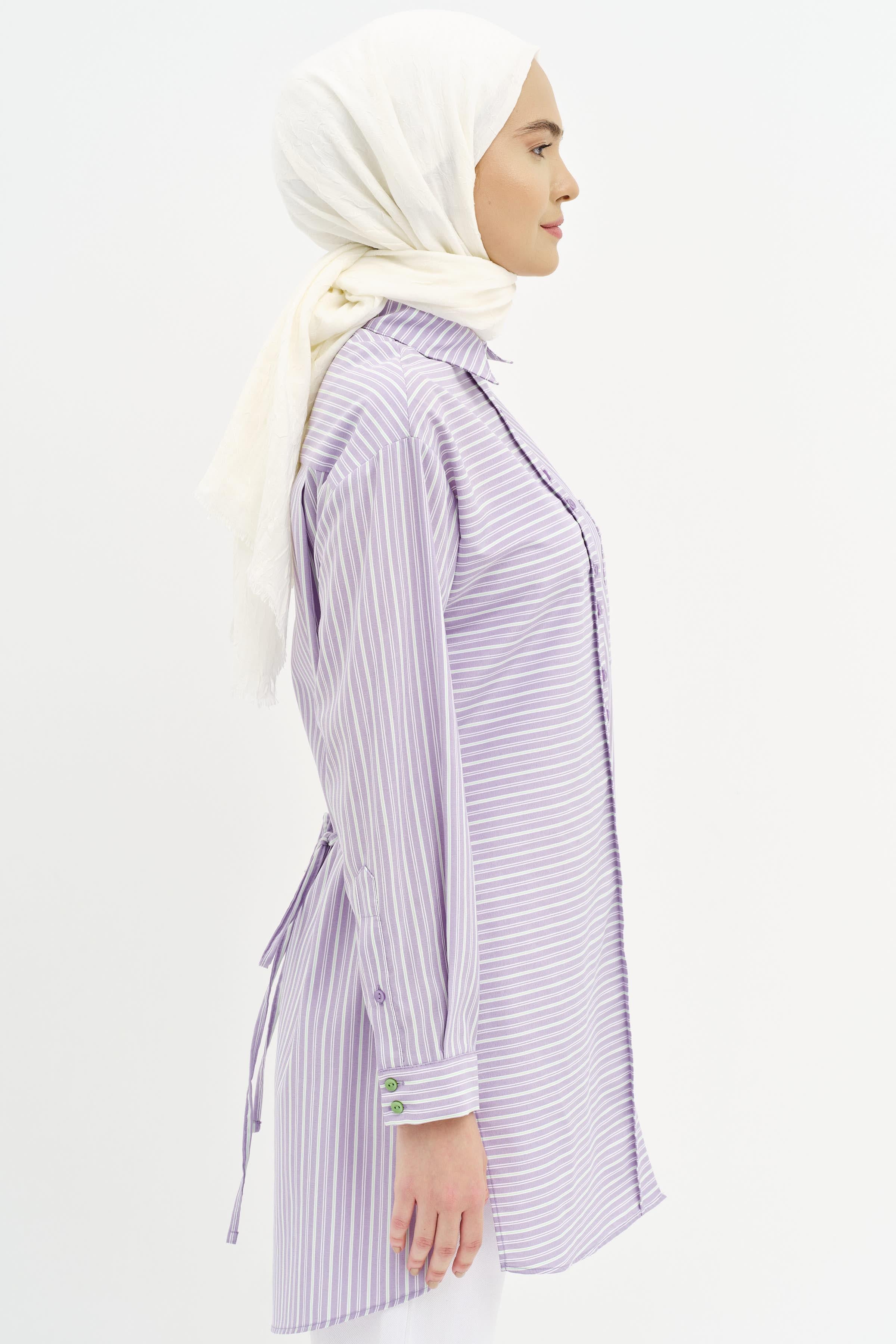 Bel Bağcıklı Çizgili Tunik - Lila TUGBA