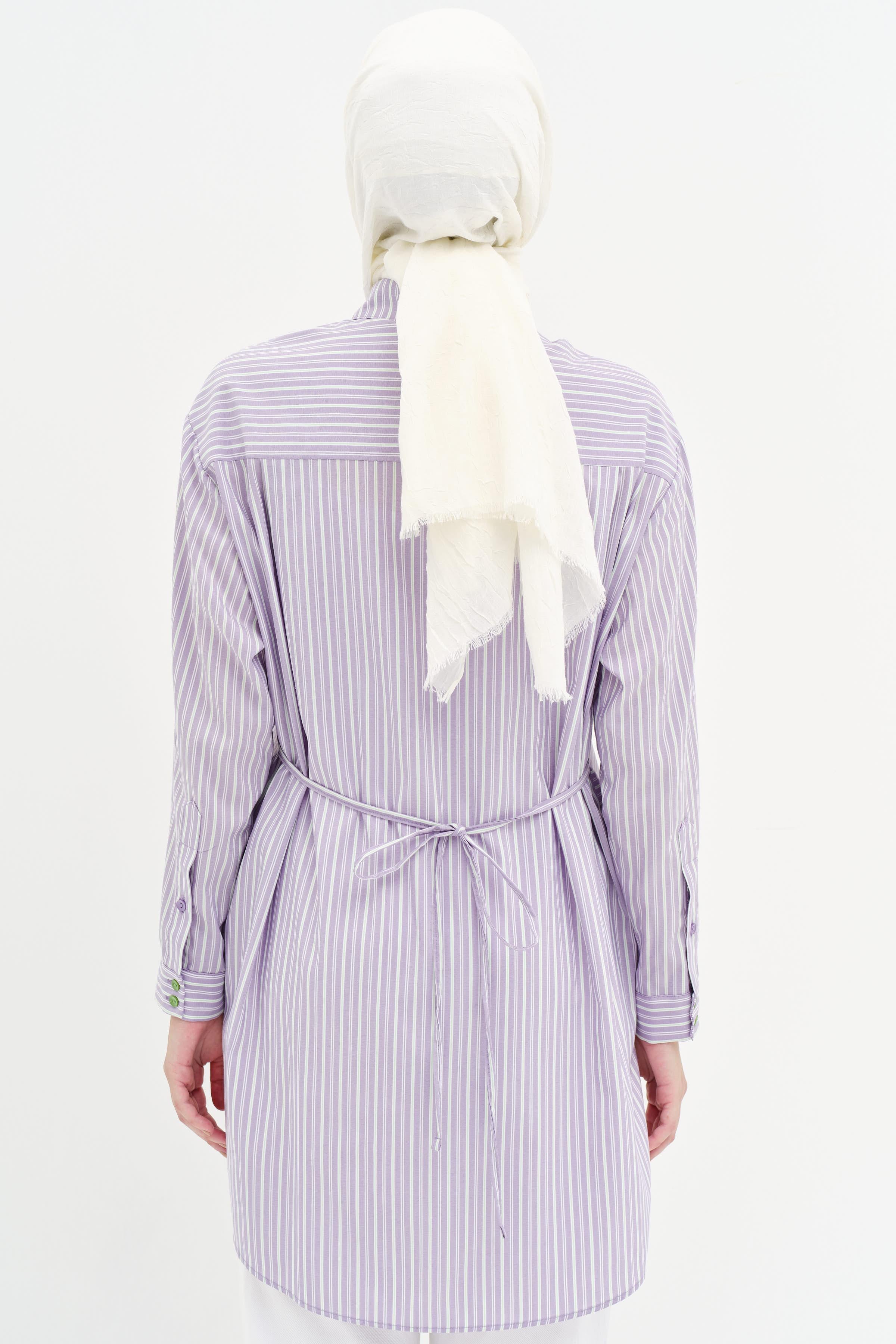 Bel Bağcıklı Çizgili Tunik - Lila TUGBA