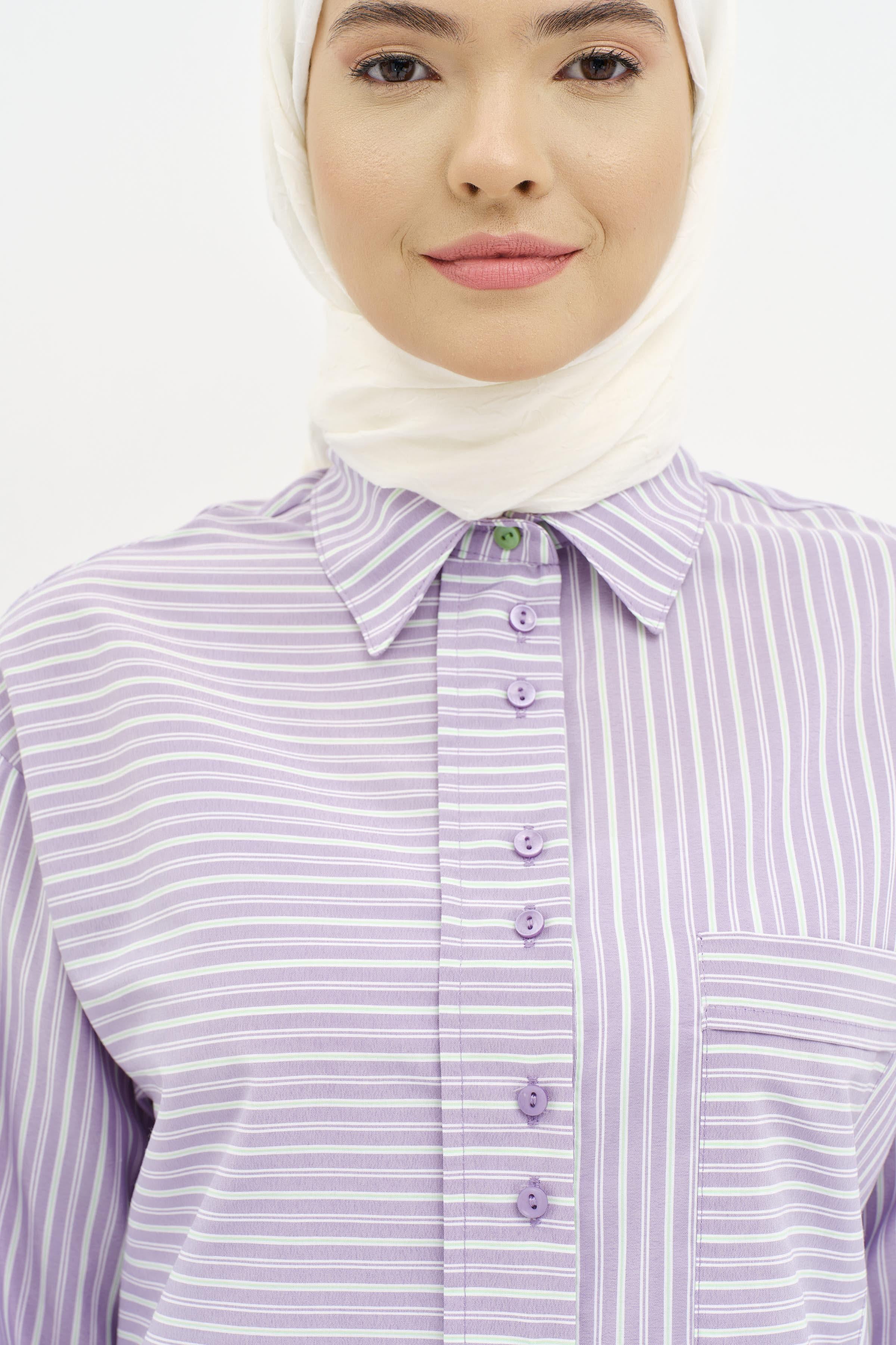 Bel Bağcıklı Çizgili Tunik - Lila TUGBA