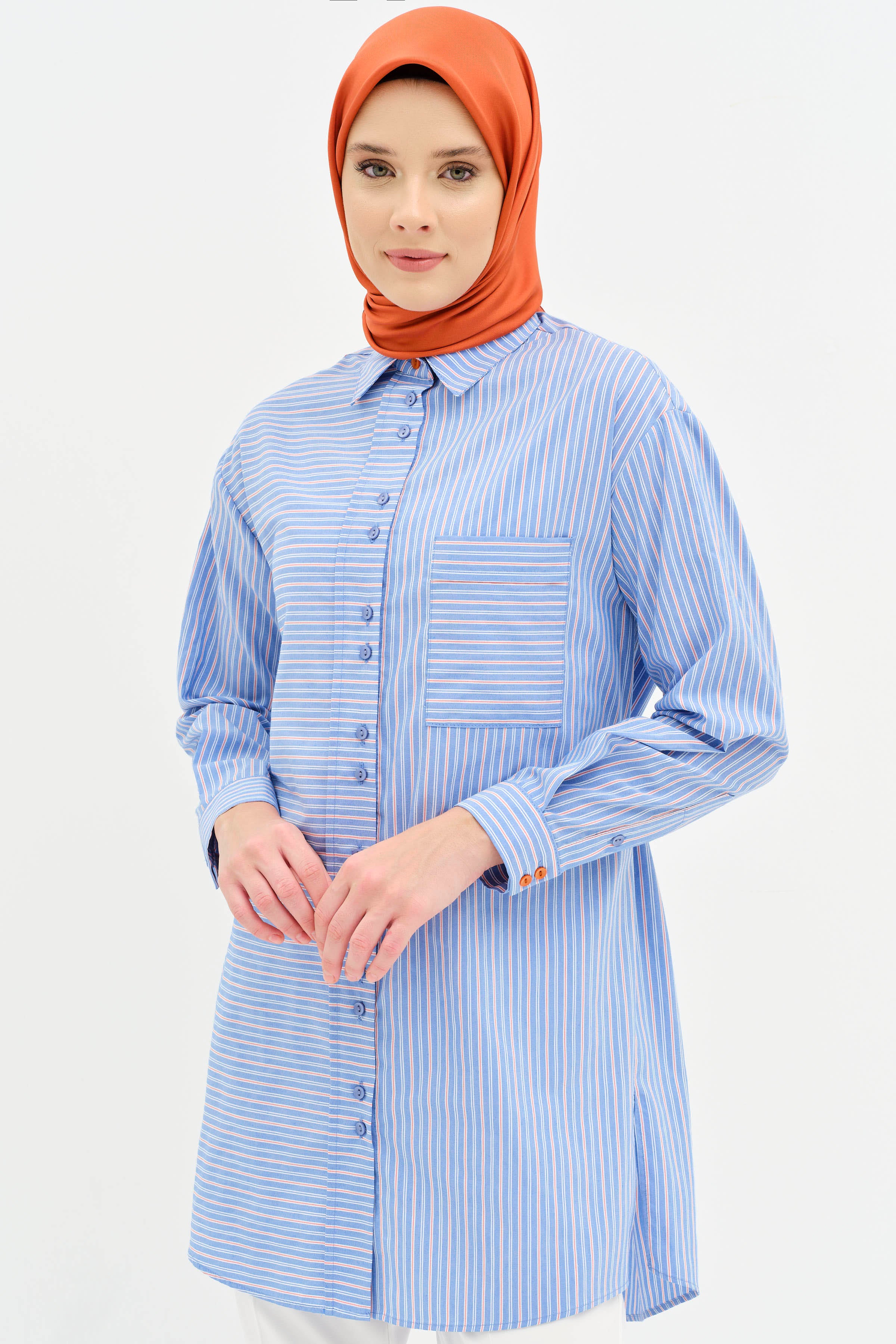 Bel Bağcıklı Çizgili Tunik - Mavi TUGBA