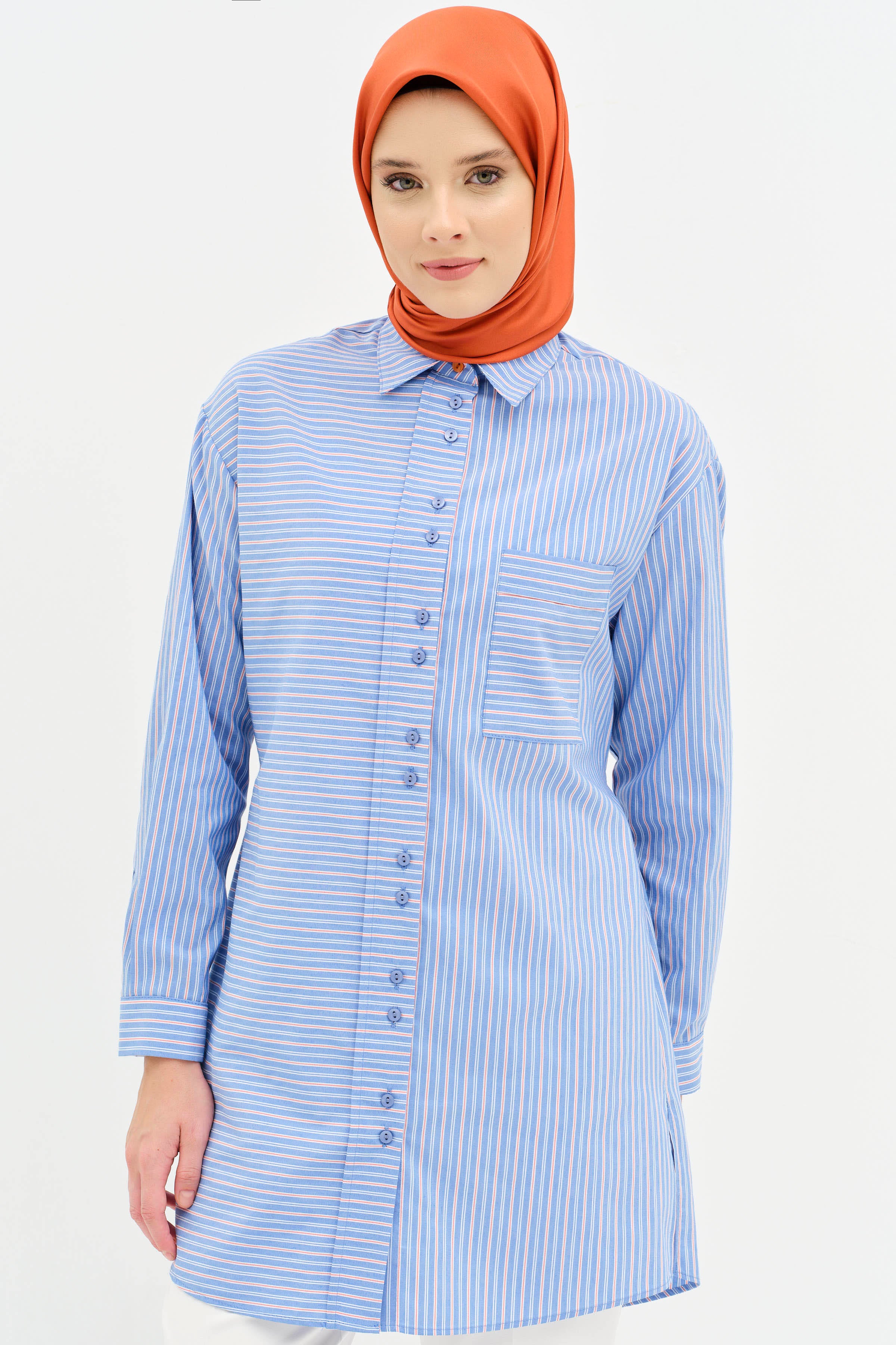 Bel Bağcıklı Çizgili Tunik - Mavi TUGBA