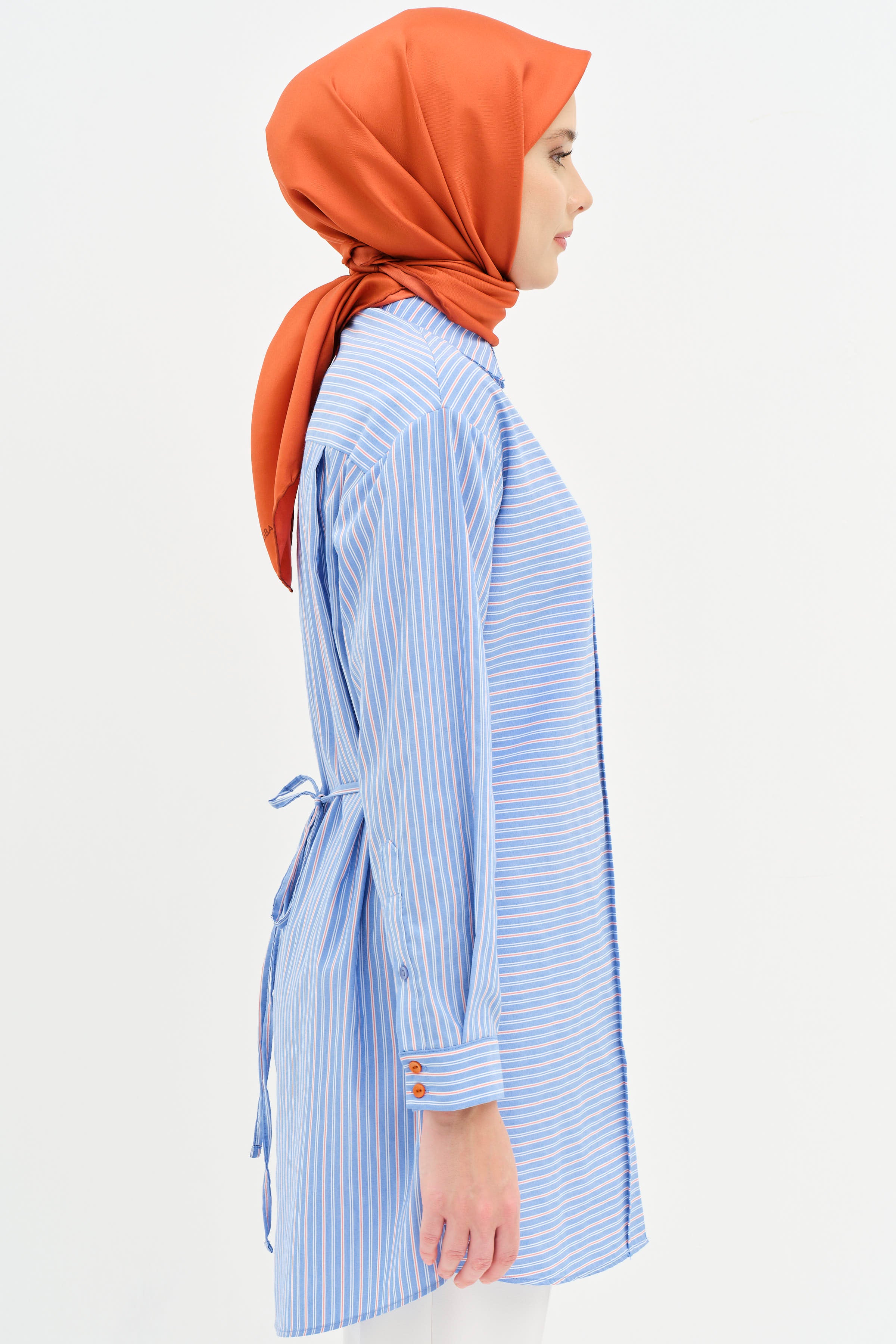 Bel Bağcıklı Çizgili Tunik - Mavi TUGBA