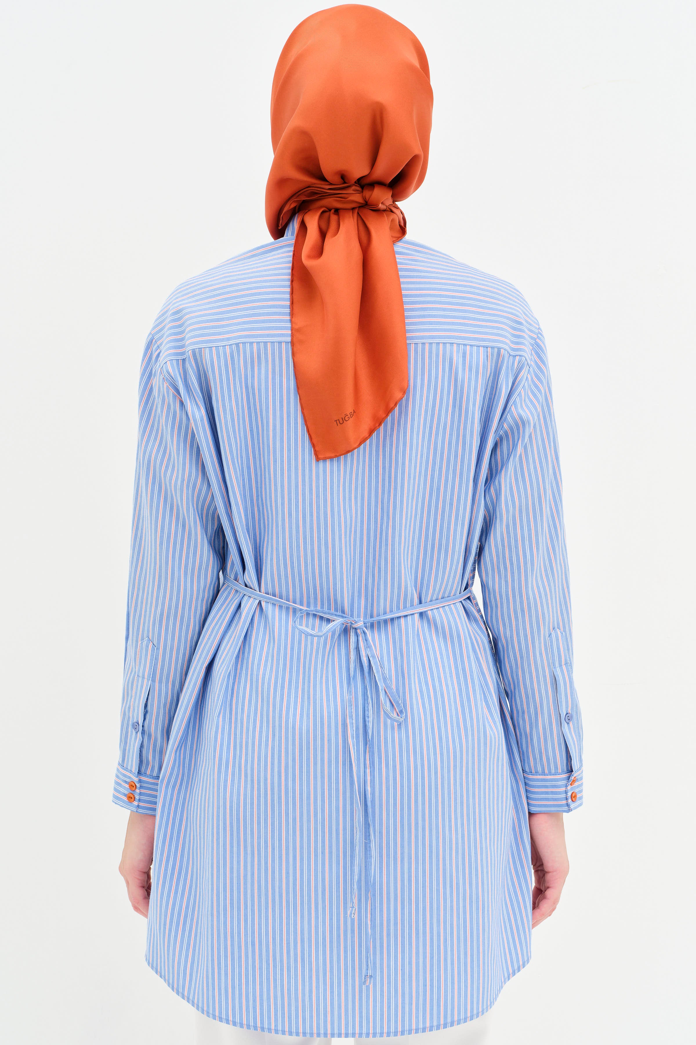 Bel Bağcıklı Çizgili Tunik - Mavi TUGBA