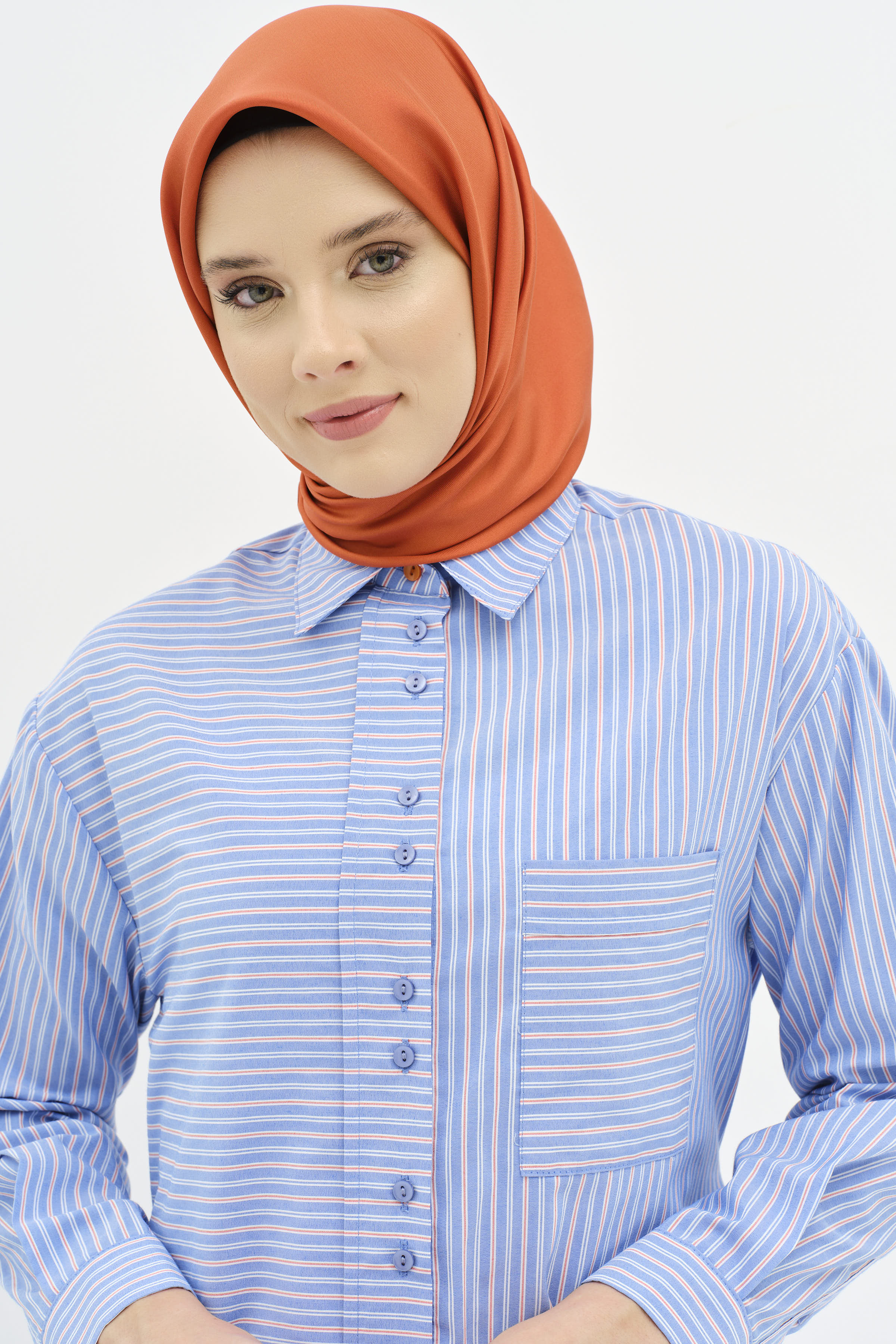 Bel Bağcıklı Çizgili Tunik - Mavi TUGBA