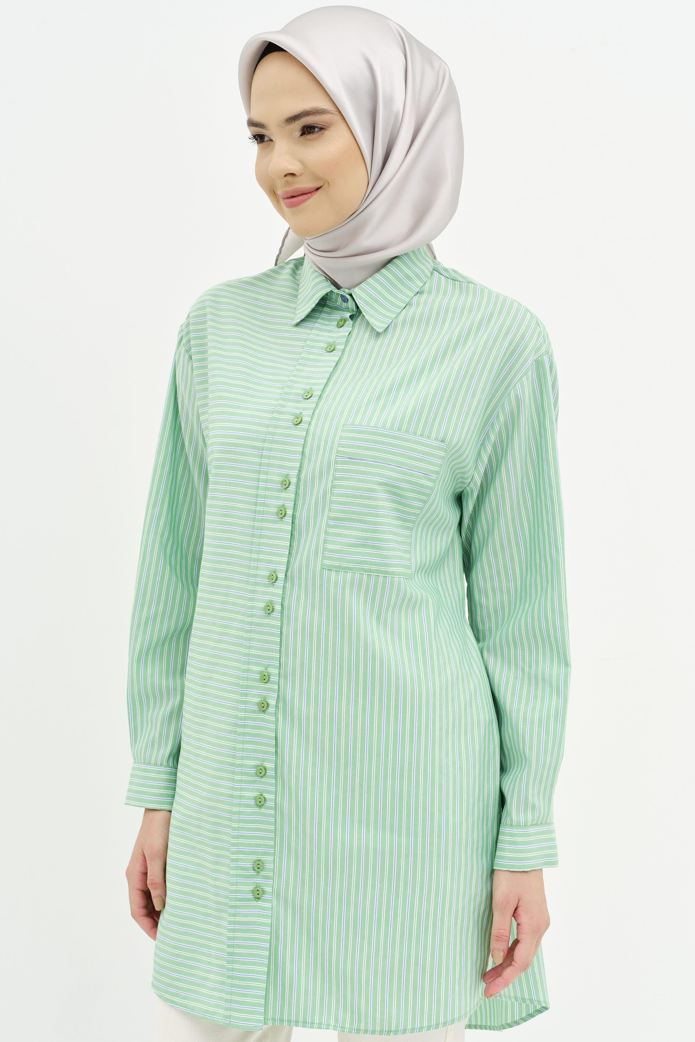 Bel Bağcıklı Çizgili Tunik - Yeşil TUGBA