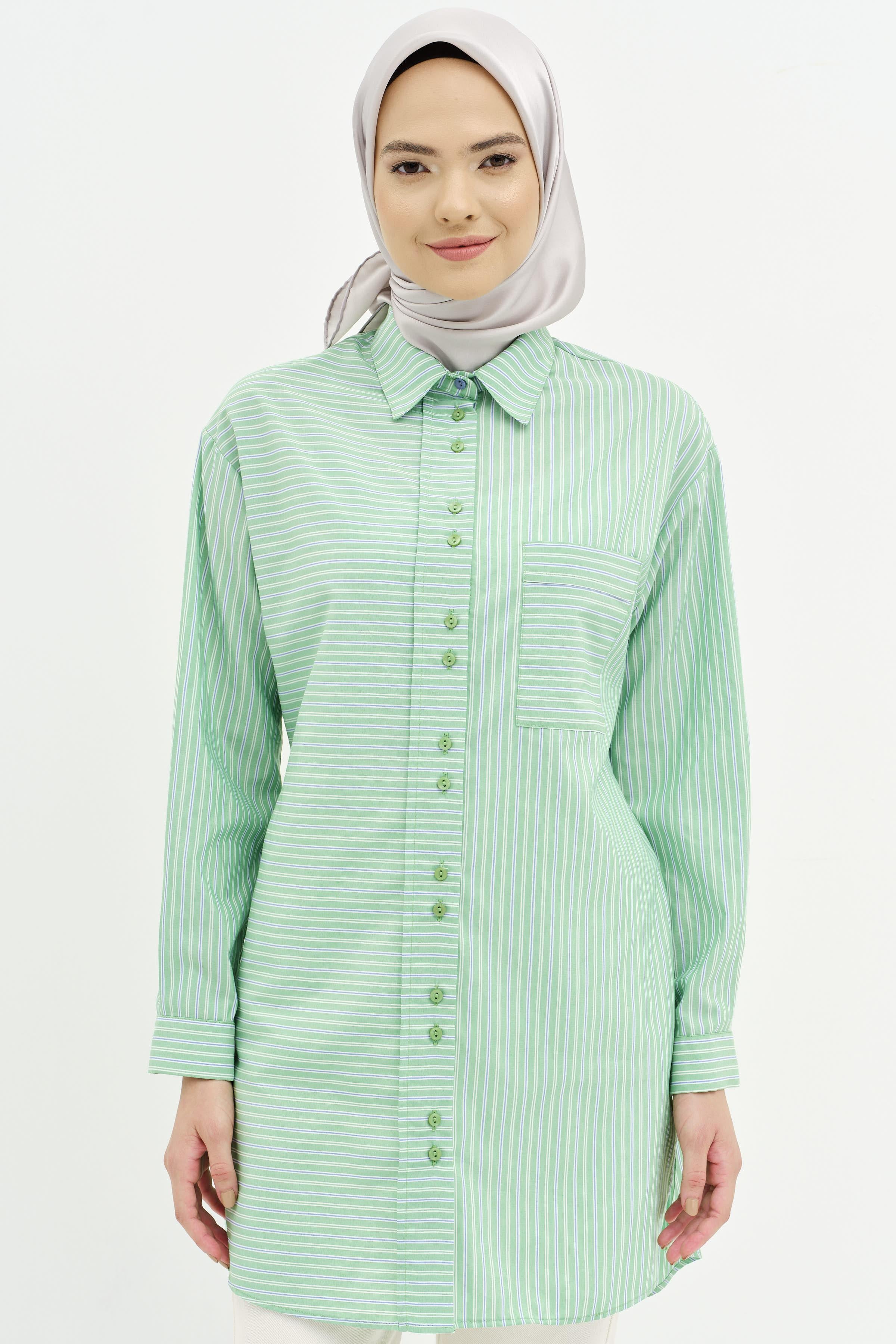 Bel Bağcıklı Çizgili Tunik - Yeşil TUGBA