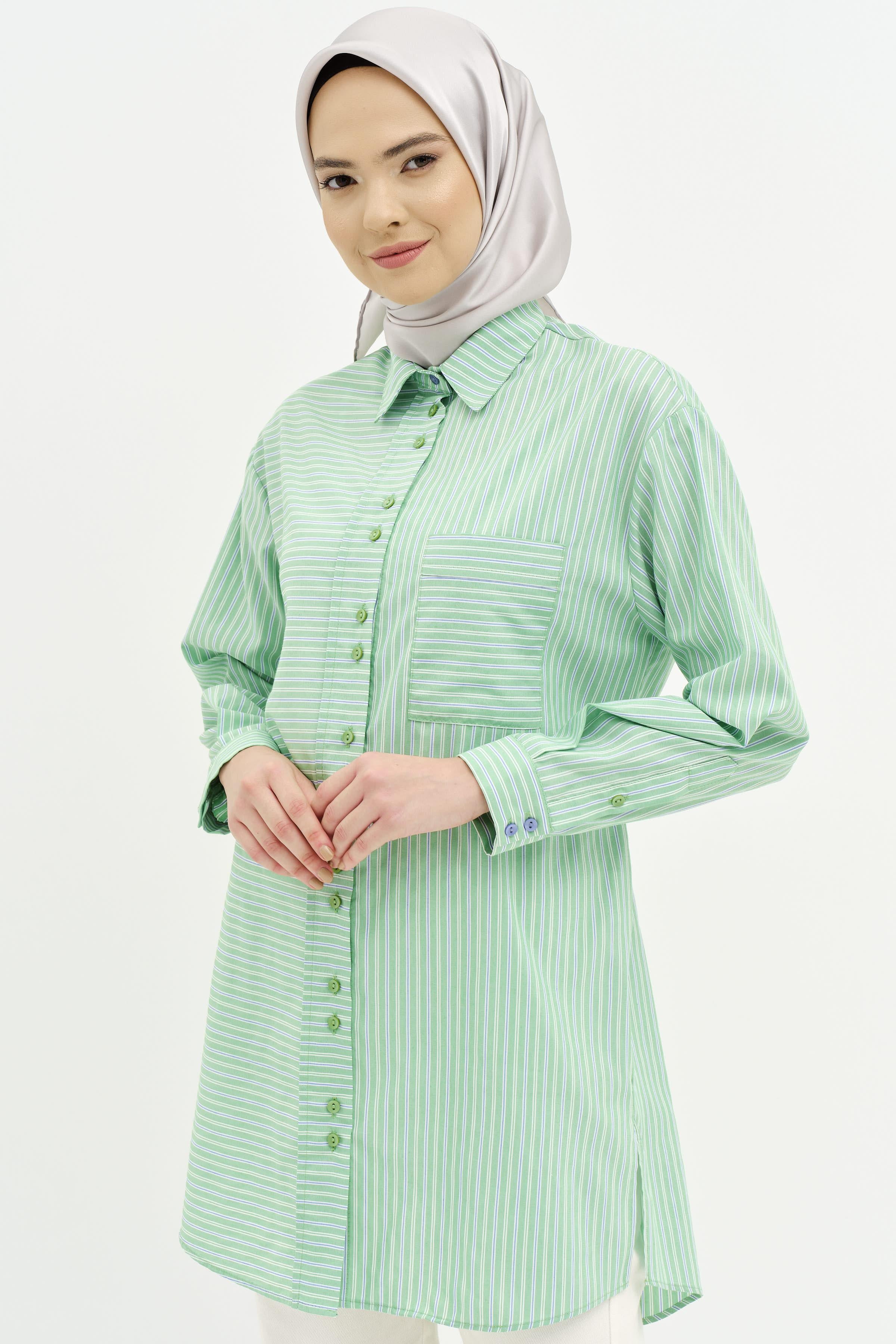 Bel Bağcıklı Çizgili Tunik - Yeşil TUGBA