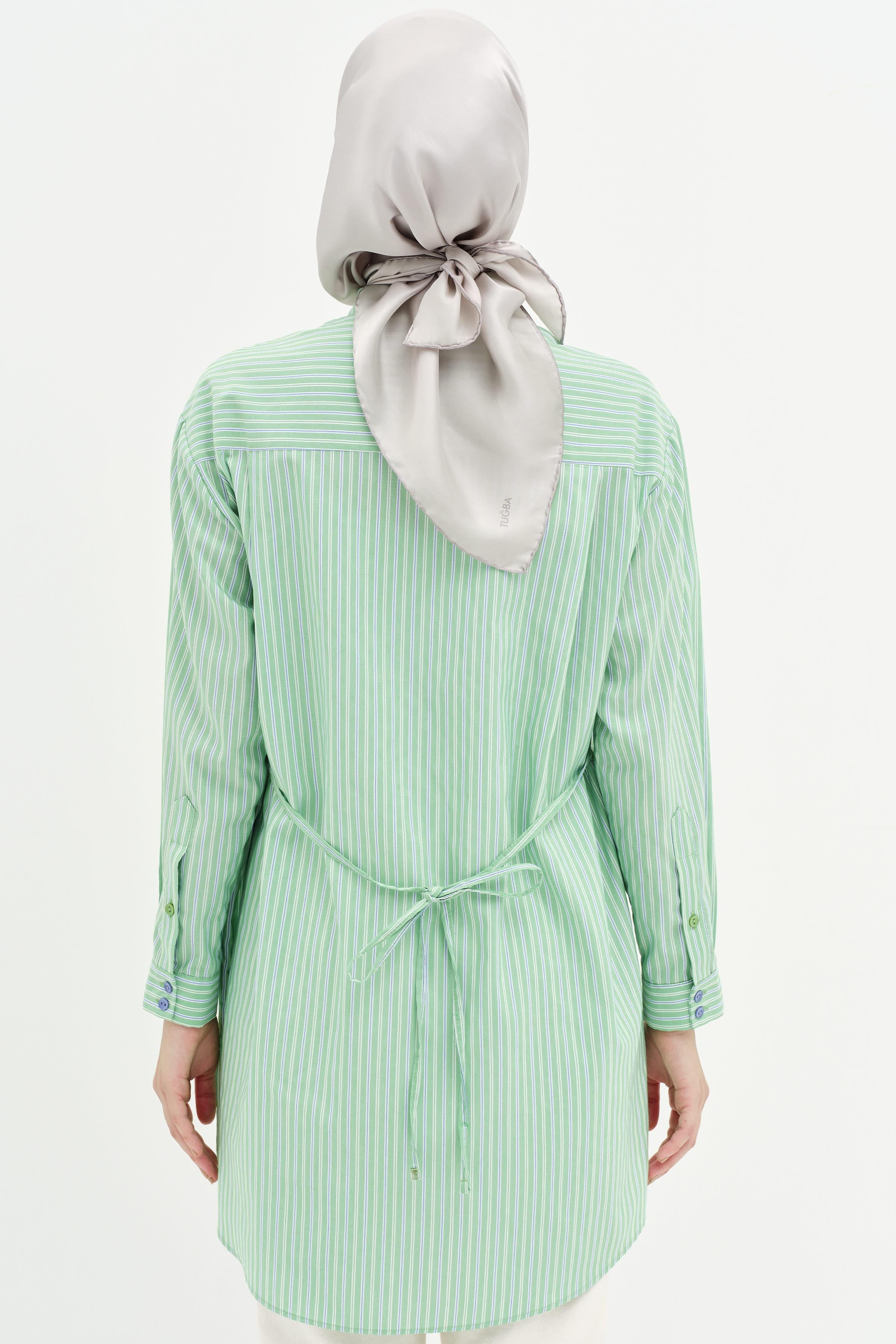 Bel Bağcıklı Çizgili Tunik - Yeşil TUGBA