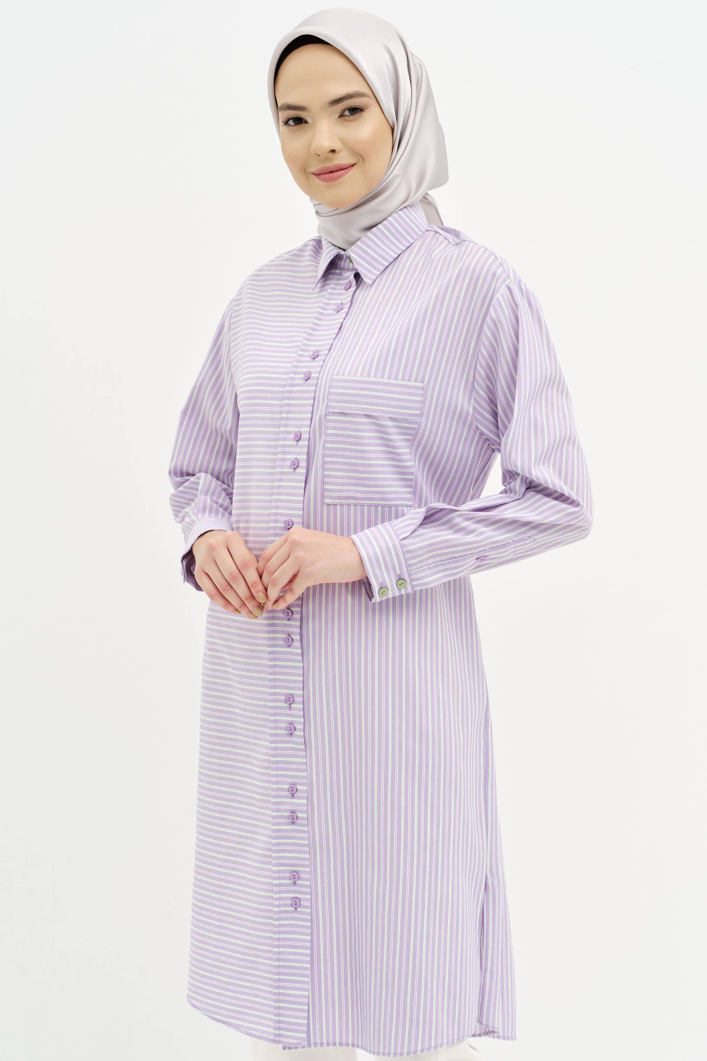 Bel Bağcıklı Çizgili Uzun Tunik - Lila TUGBA