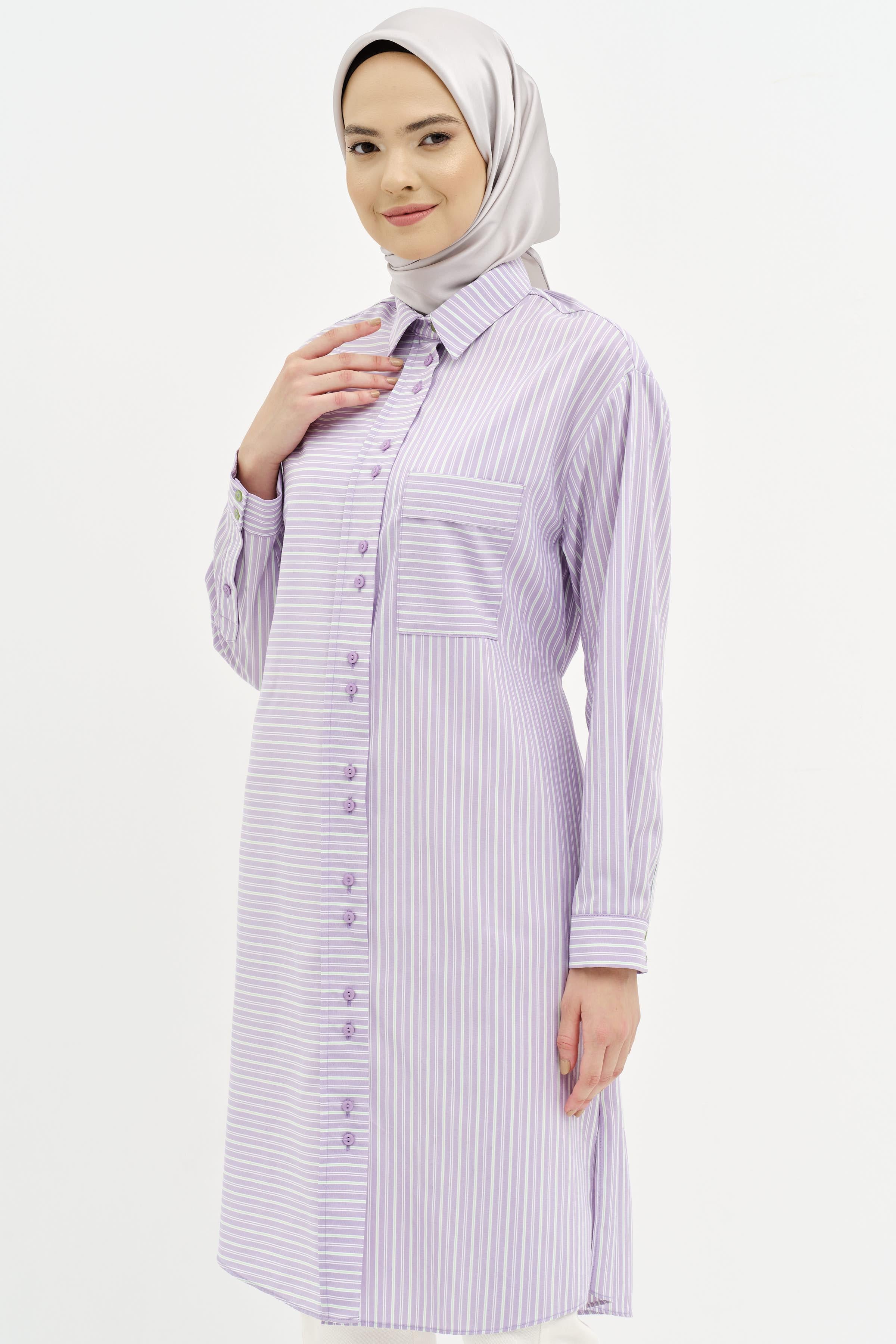 Bel Bağcıklı Çizgili Uzun Tunik - Lila TUGBA