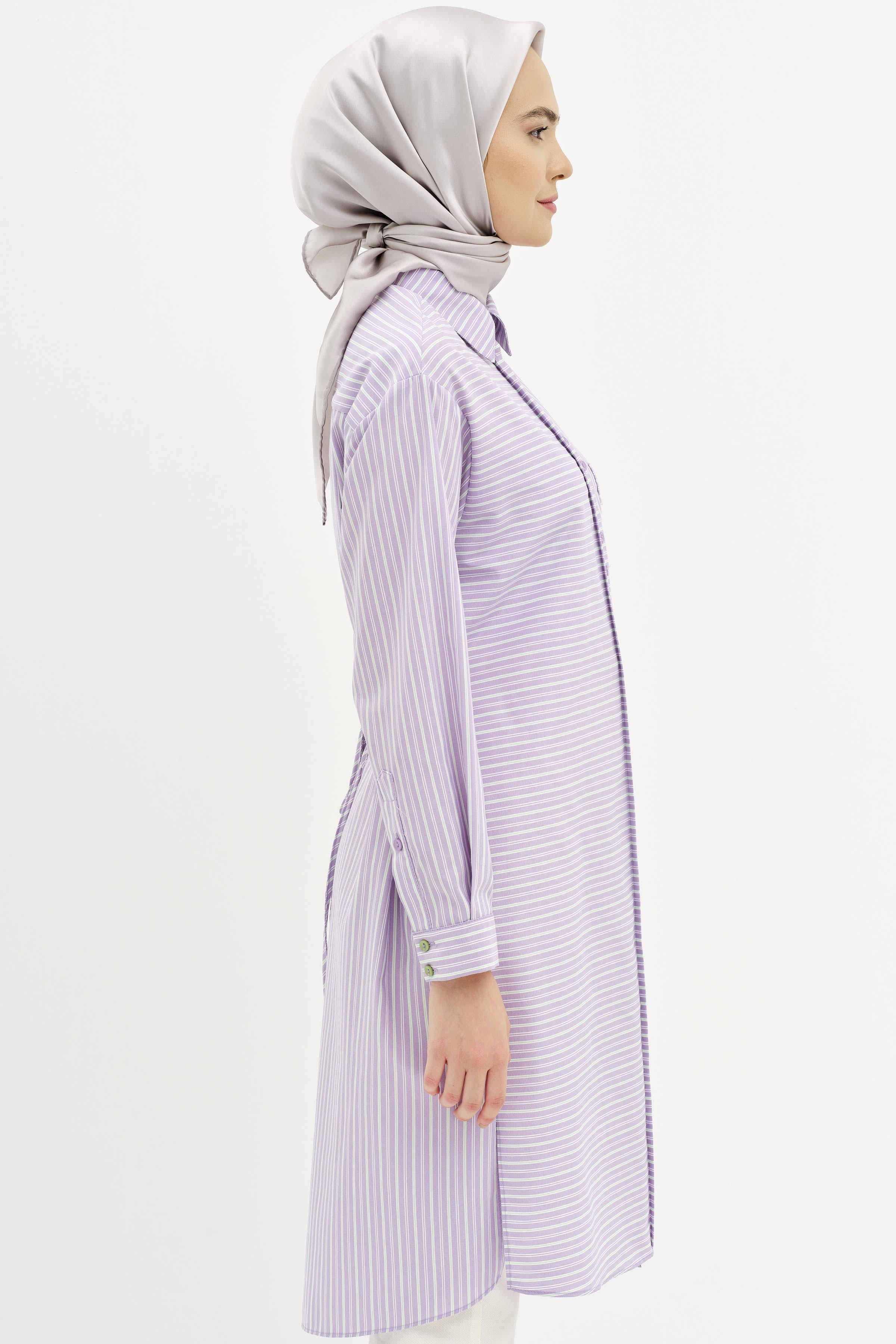 Bel Bağcıklı Çizgili Uzun Tunik - Lila TUGBA