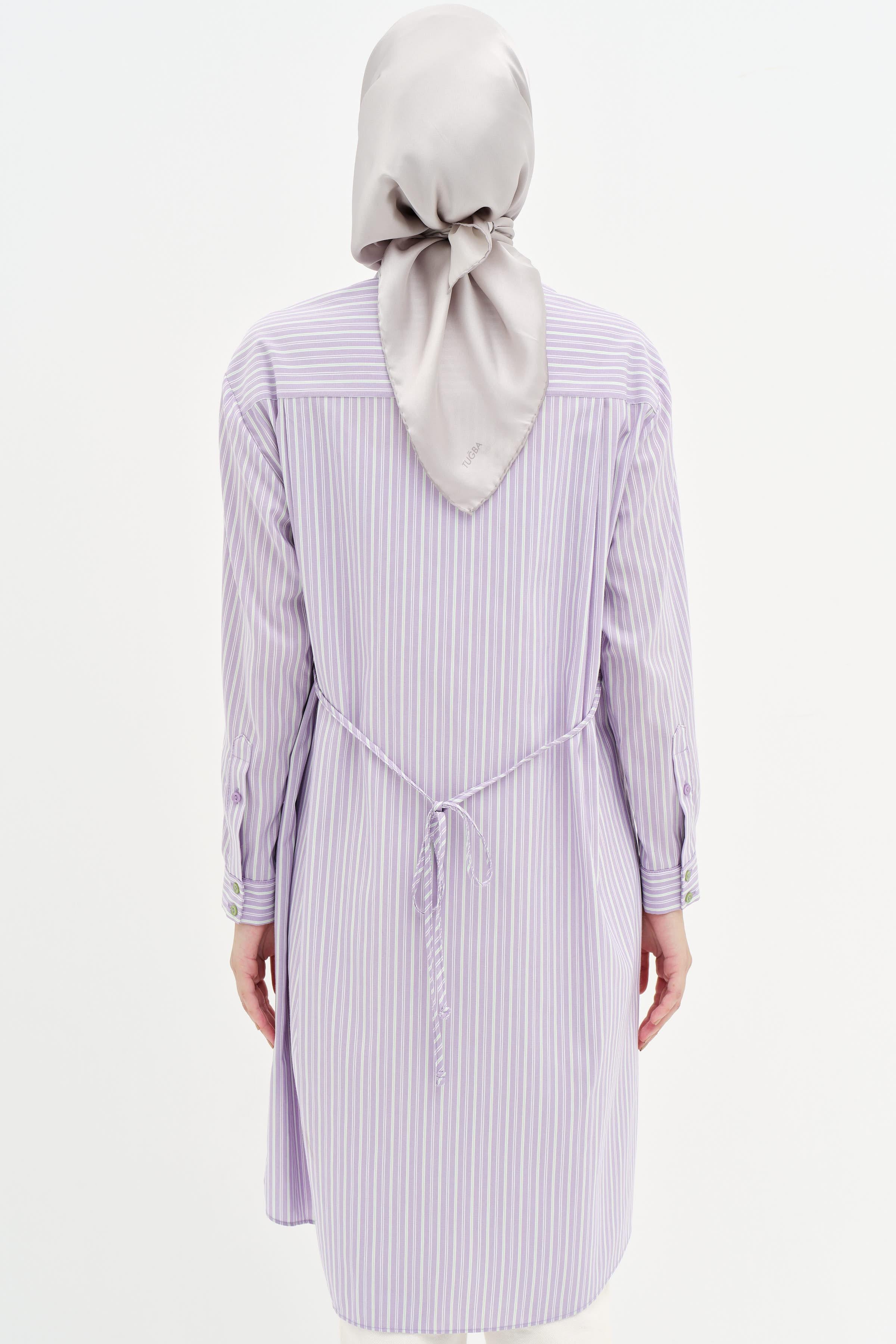 Bel Bağcıklı Çizgili Uzun Tunik - Lila TUGBA