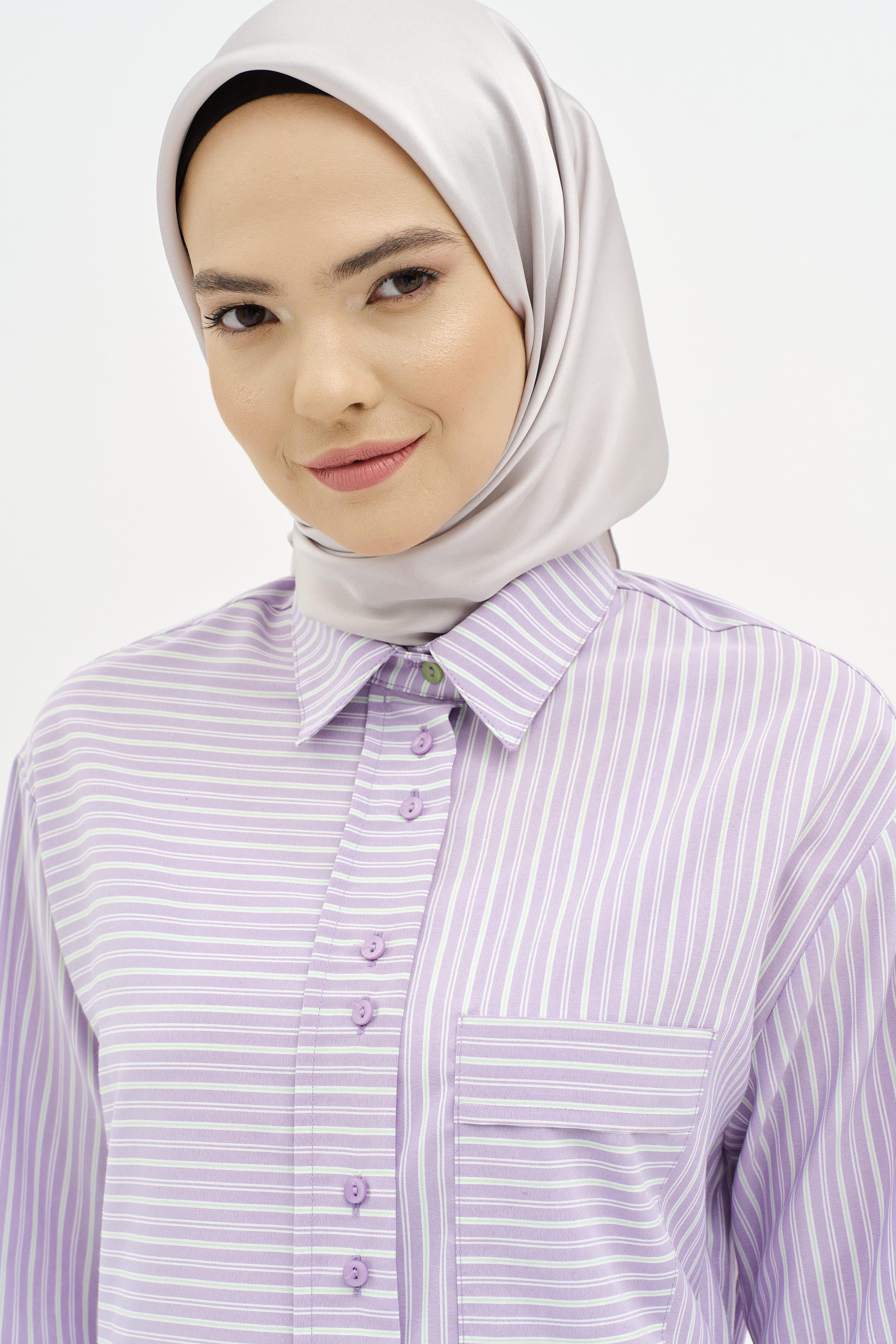 Bel Bağcıklı Çizgili Uzun Tunik - Lila TUGBA