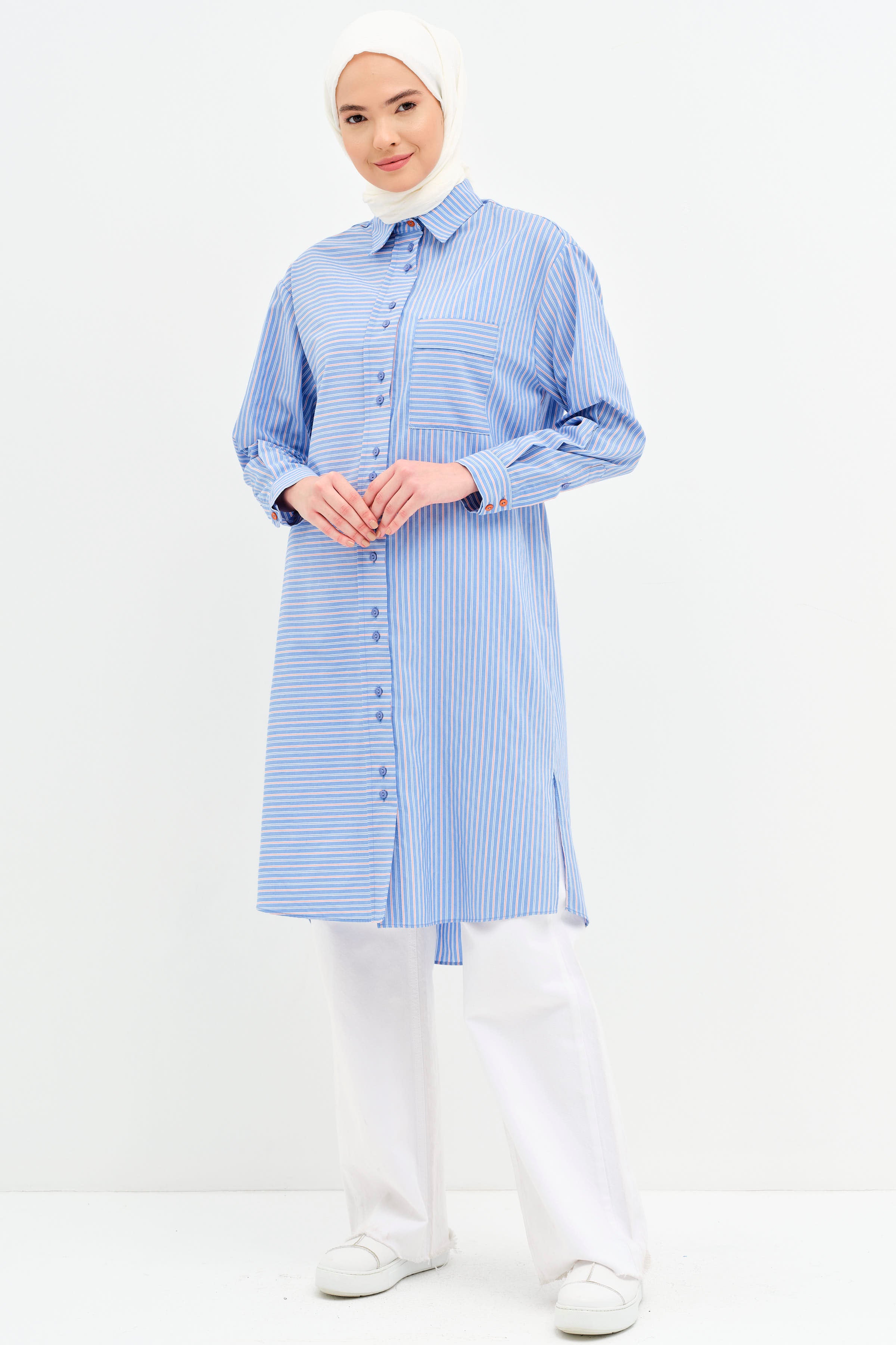 Bel Bağcıklı Çizgili Uzun Tunik - Mavi TUGBA