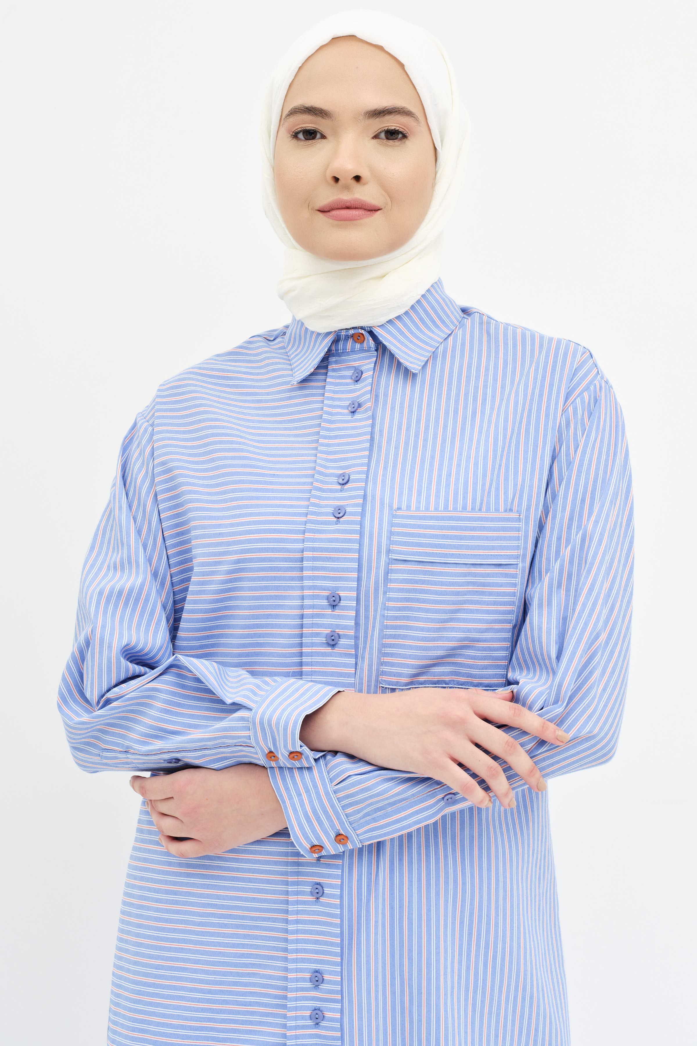 Bel Bağcıklı Çizgili Uzun Tunik - Mavi TUGBA