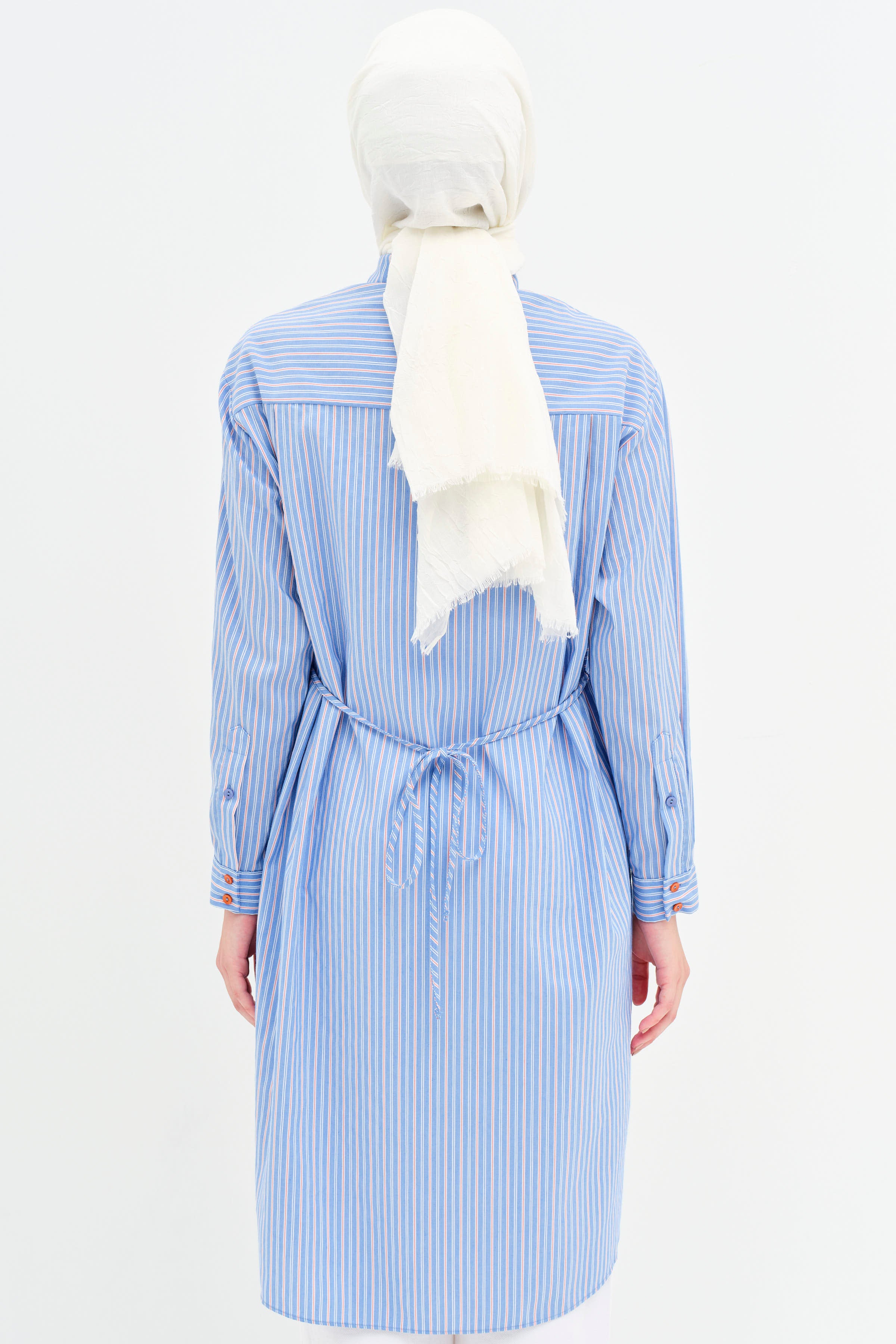 Bel Bağcıklı Çizgili Uzun Tunik - Mavi TUGBA