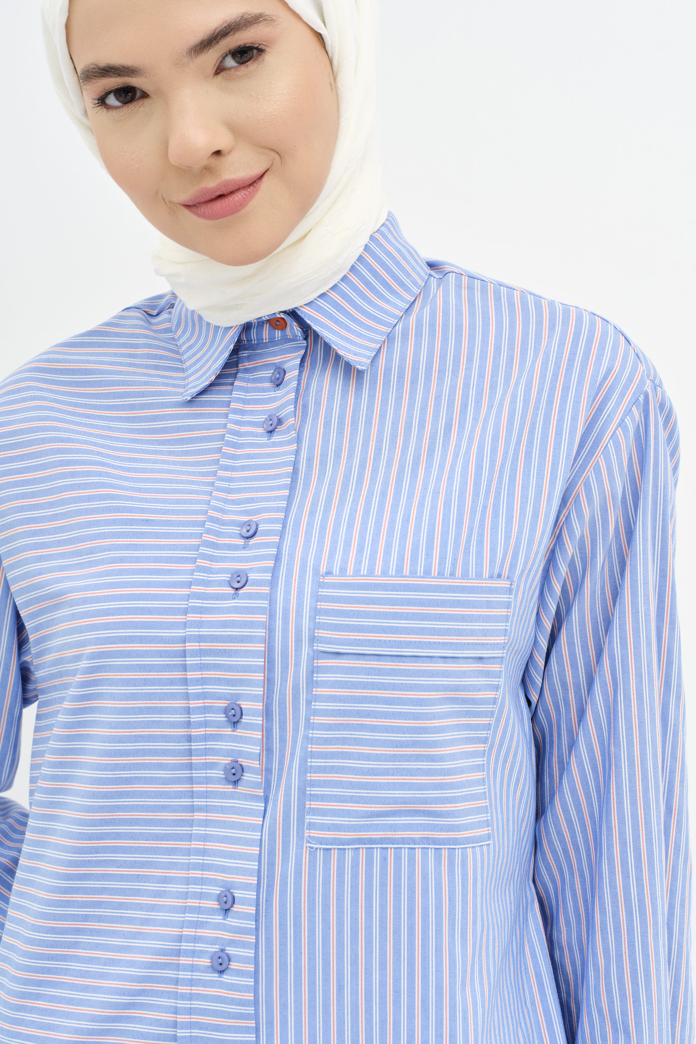 Bel Bağcıklı Çizgili Uzun Tunik - Mavi TUGBA