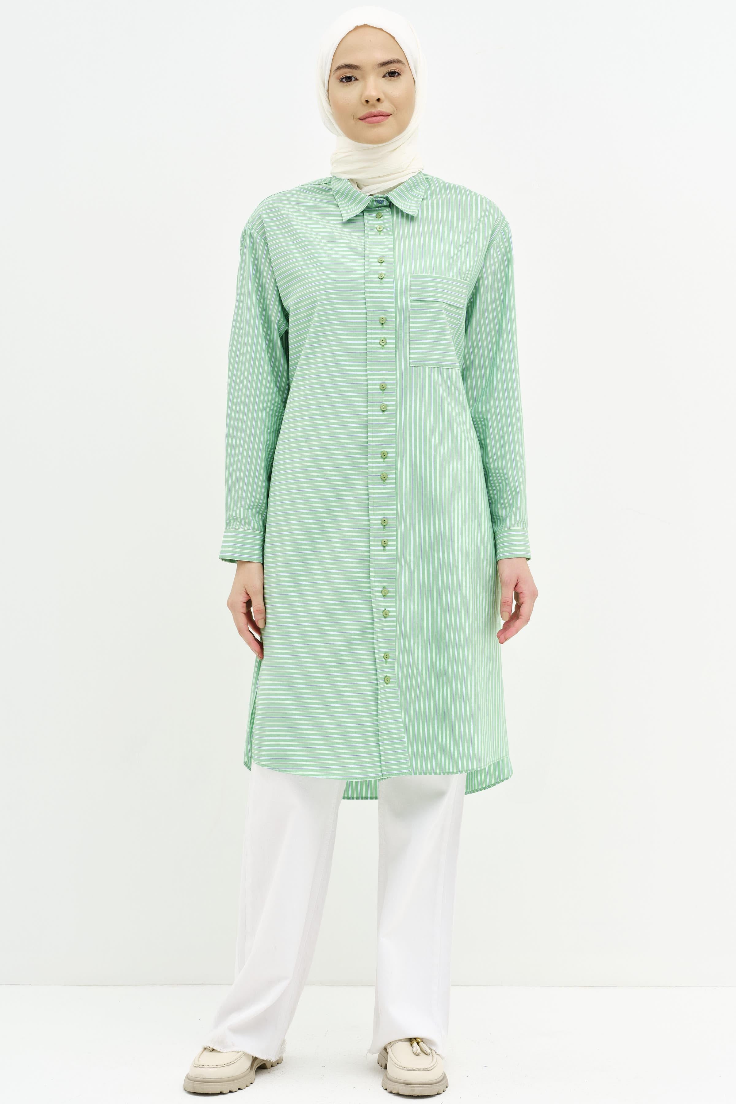 Bel Bağcıklı Çizgili Uzun Tunik - Yeşil TUGBA
