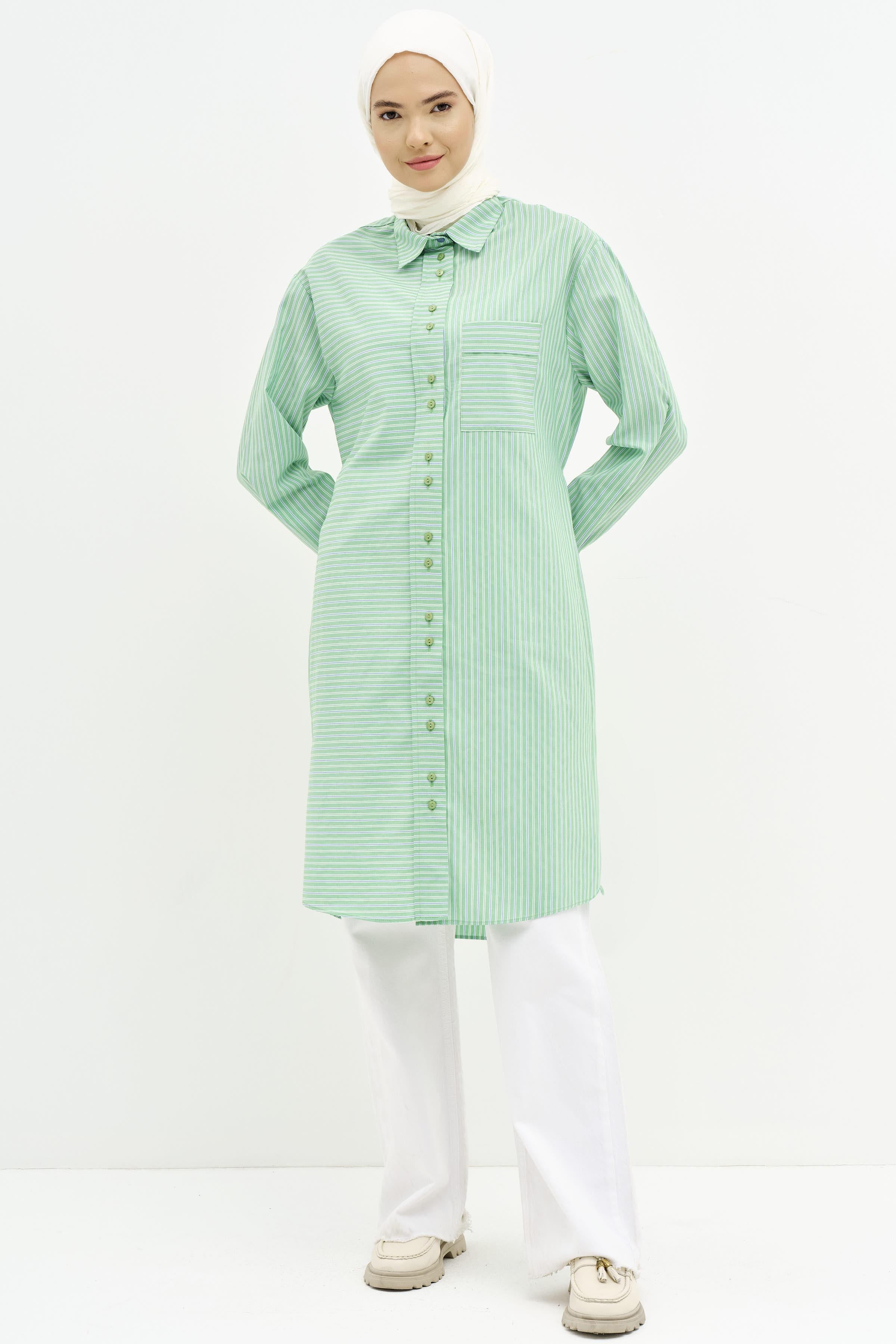 Bel Bağcıklı Çizgili Uzun Tunik - Yeşil TUGBA