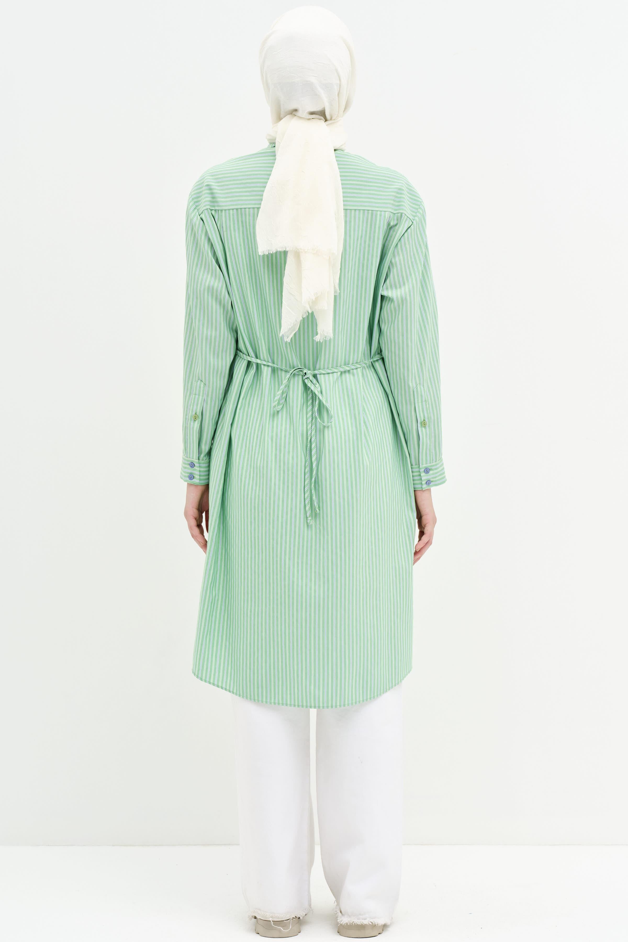 Bel Bağcıklı Çizgili Uzun Tunik - Yeşil TUGBA