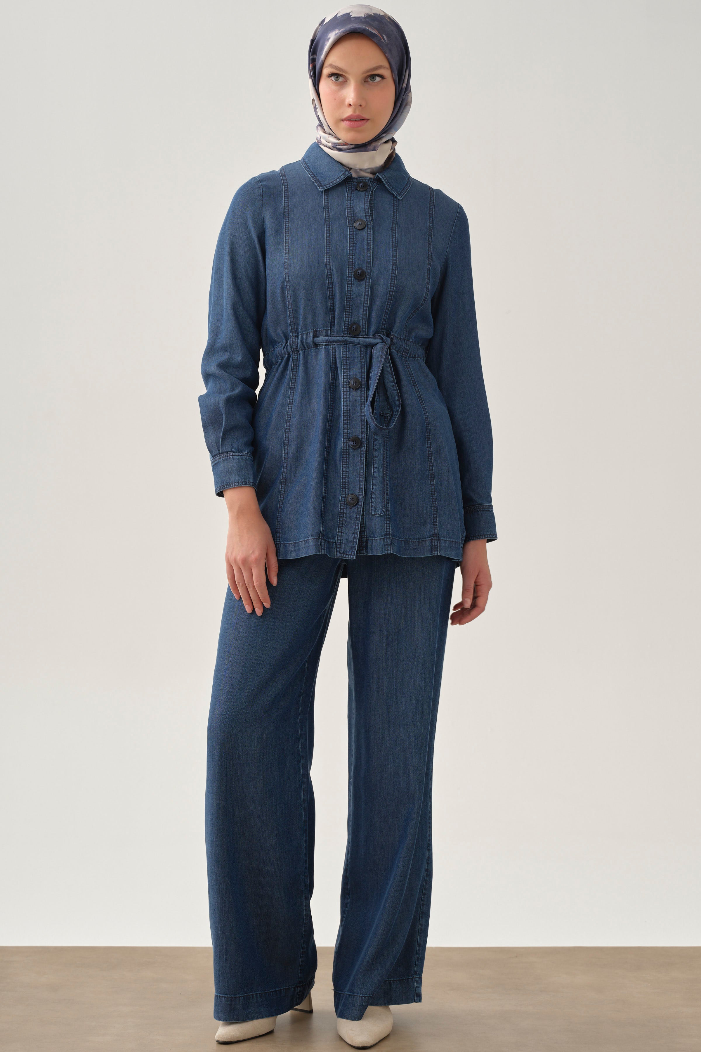 Bel Bağcıklı Pantolon - İndigo TUGBA