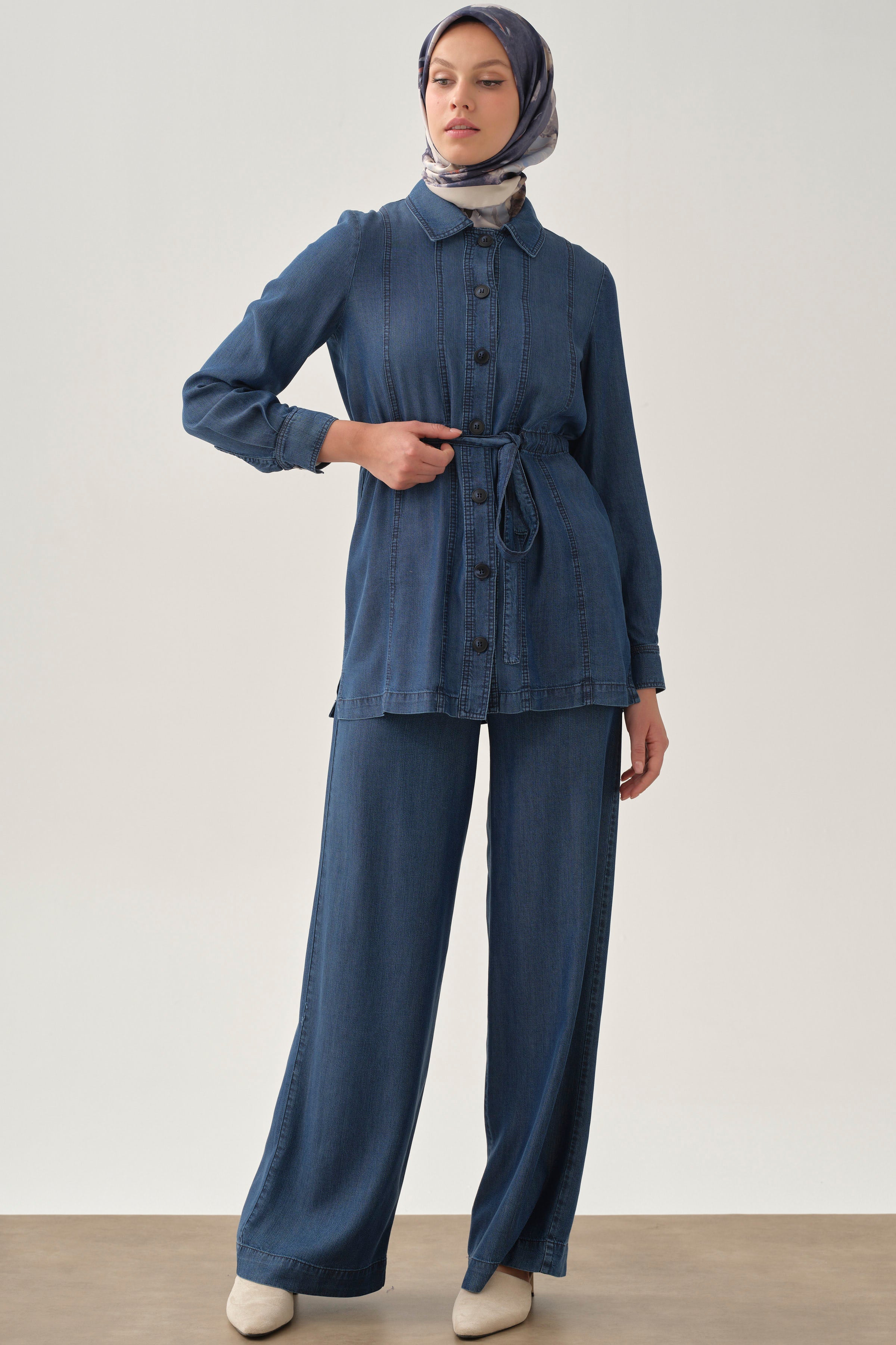 Bel Bağcıklı Pantolon - İndigo TUGBA