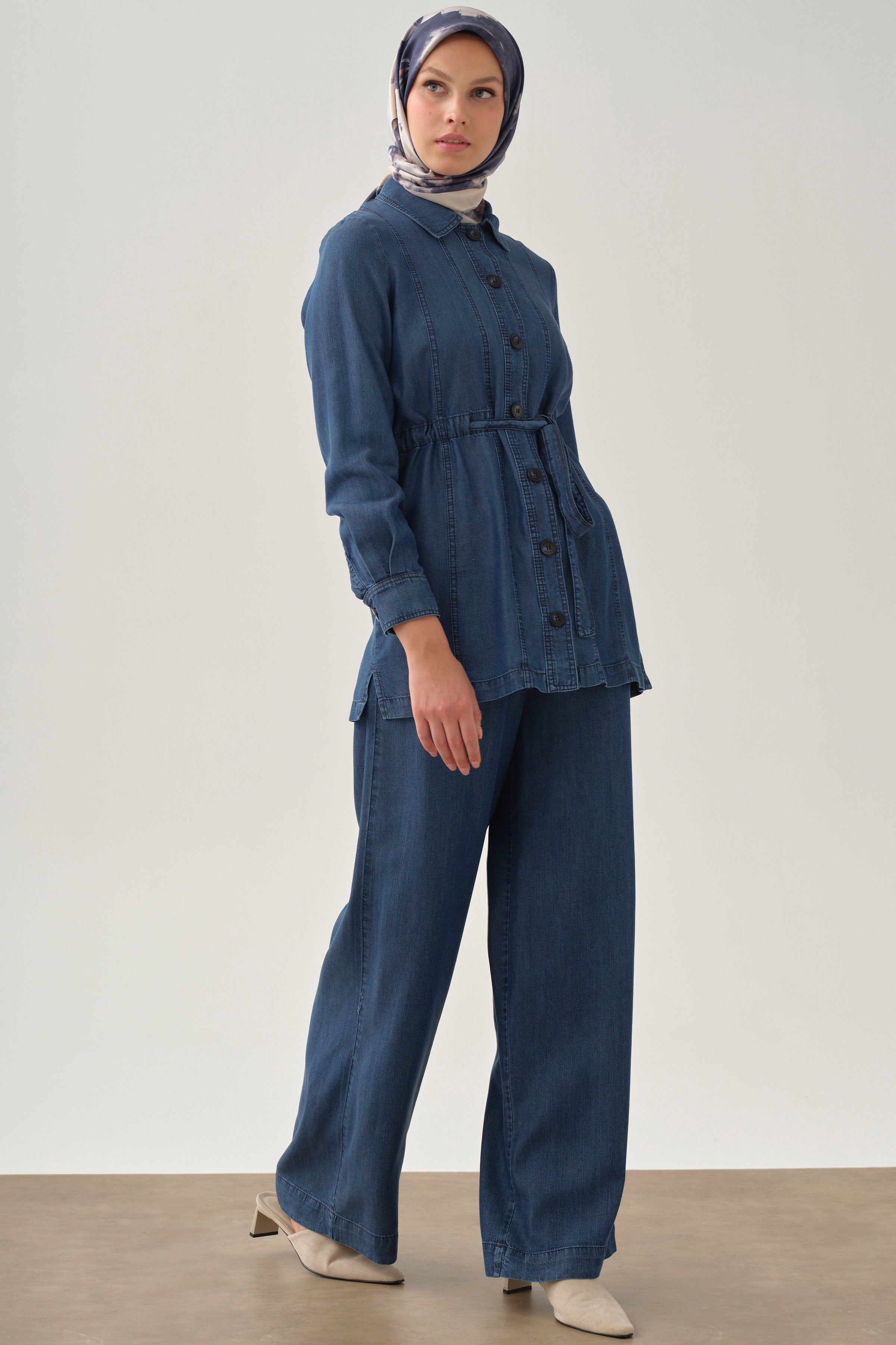 Bel Bağcıklı Pantolon - İndigo TUGBA