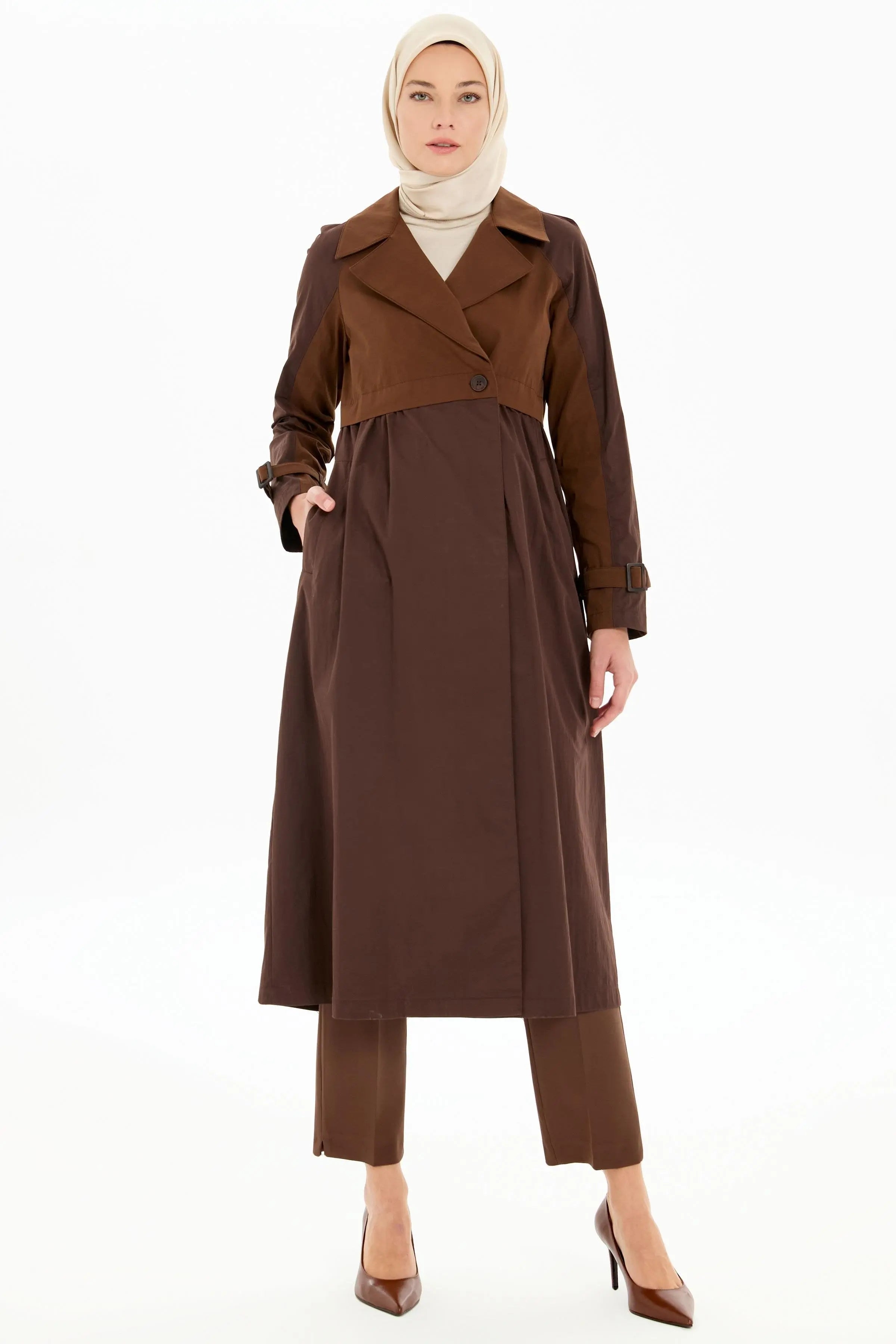 Bel Büzgülü Garnili Trençkot - Kahve TUGBA