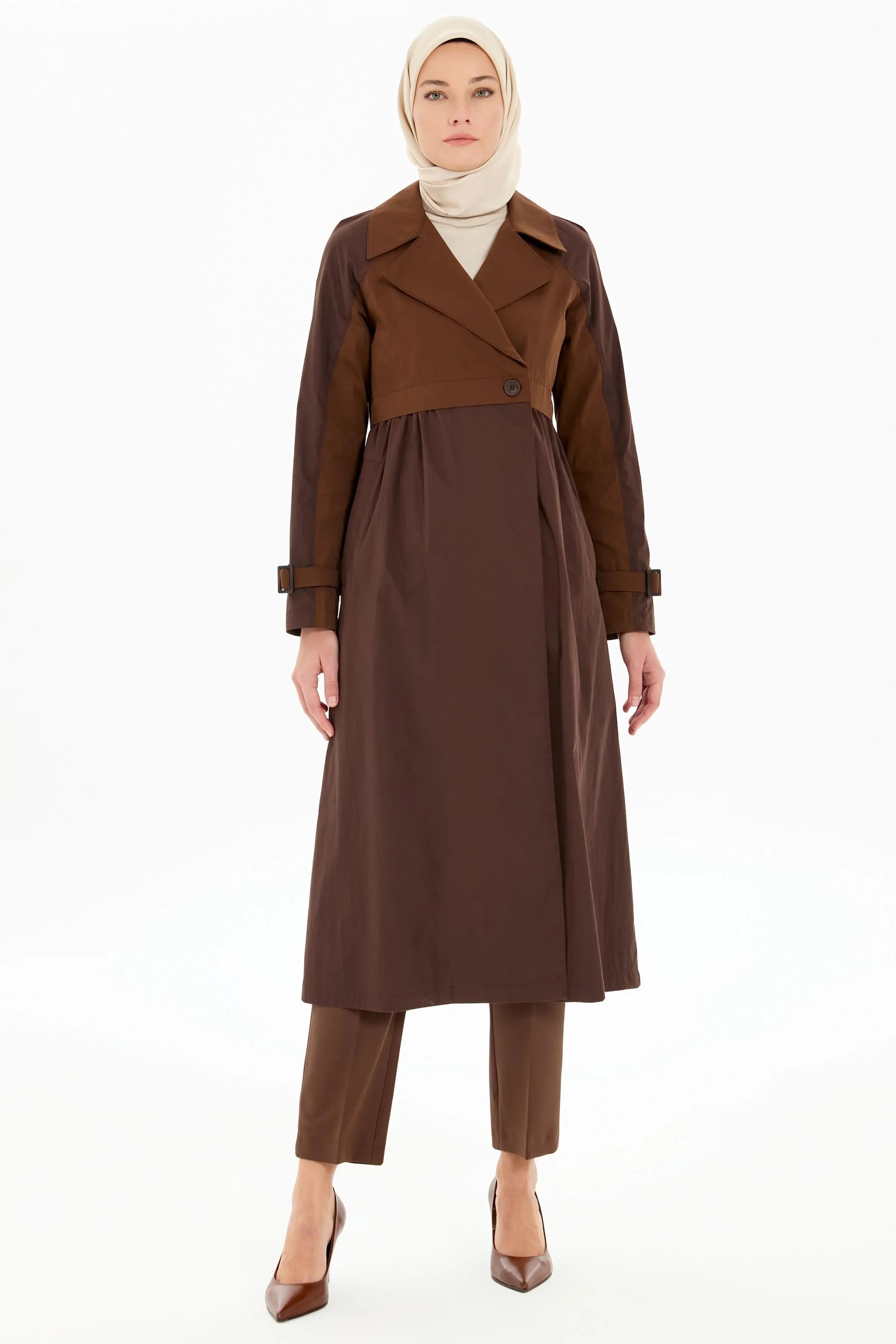 Bel Büzgülü Garnili Trençkot - Kahve TUGBA