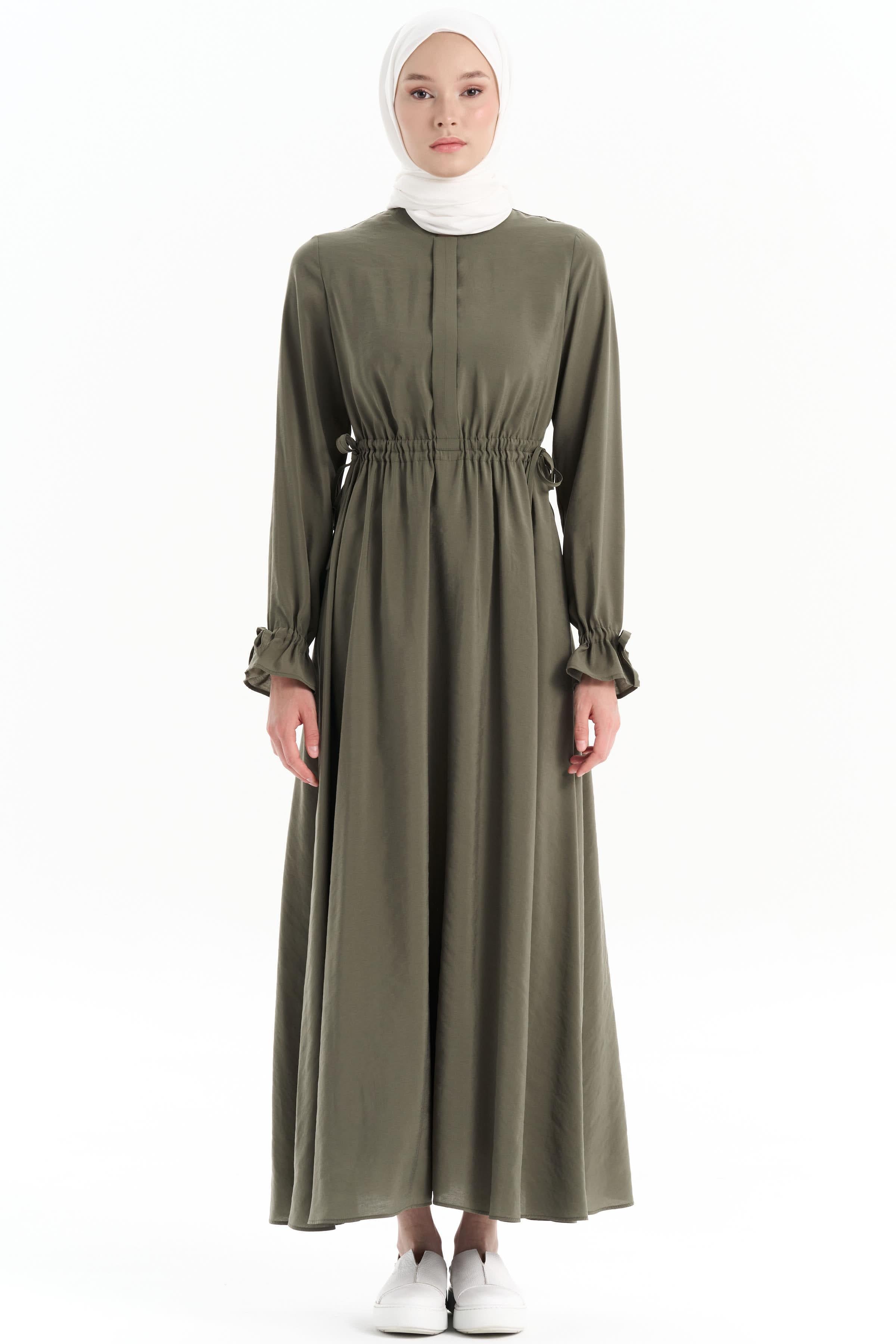 Bel Büzgülü Hakim Yakalı Elbise - Haki TUGBA