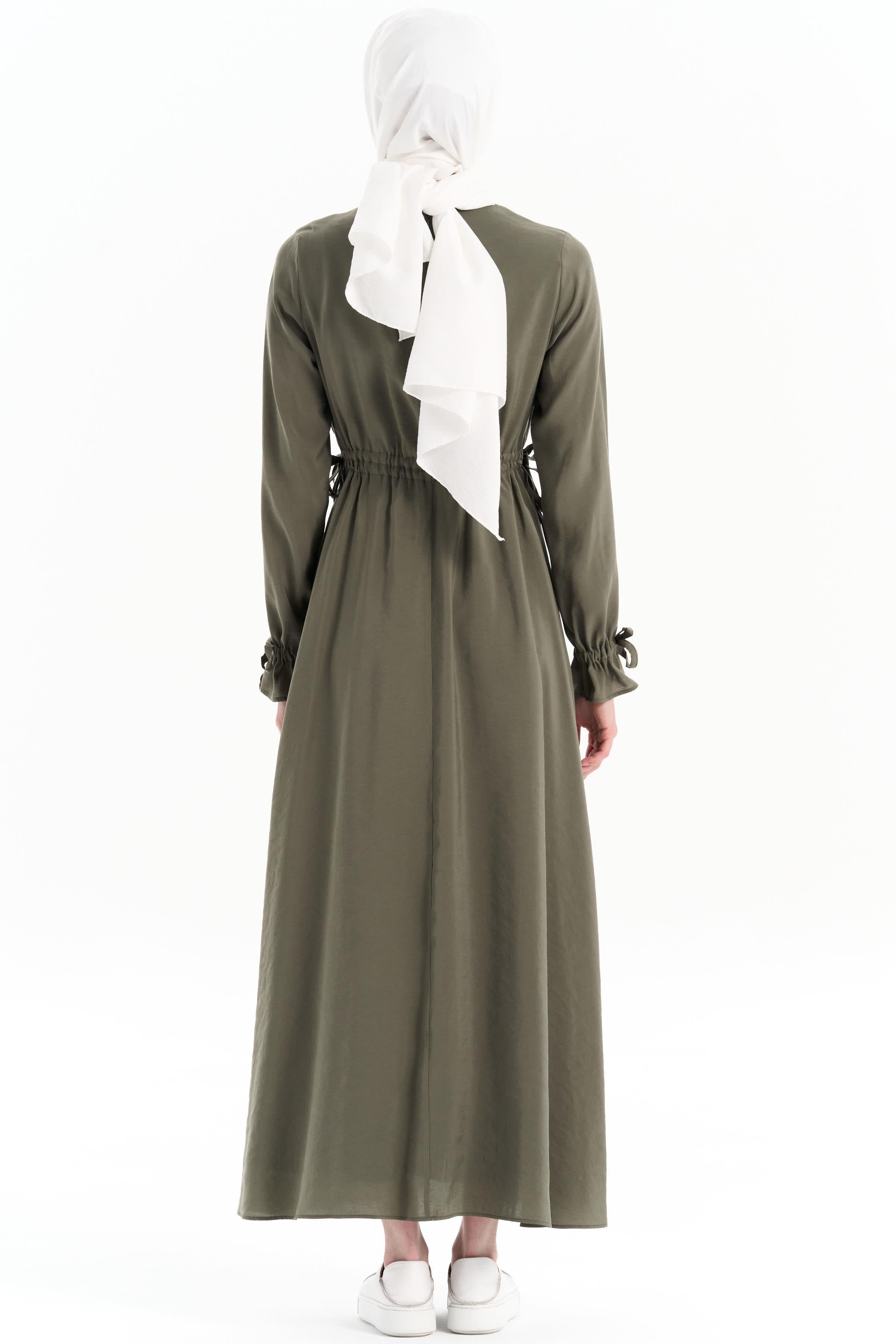 Bel Büzgülü Hakim Yakalı Elbise - Haki TUGBA