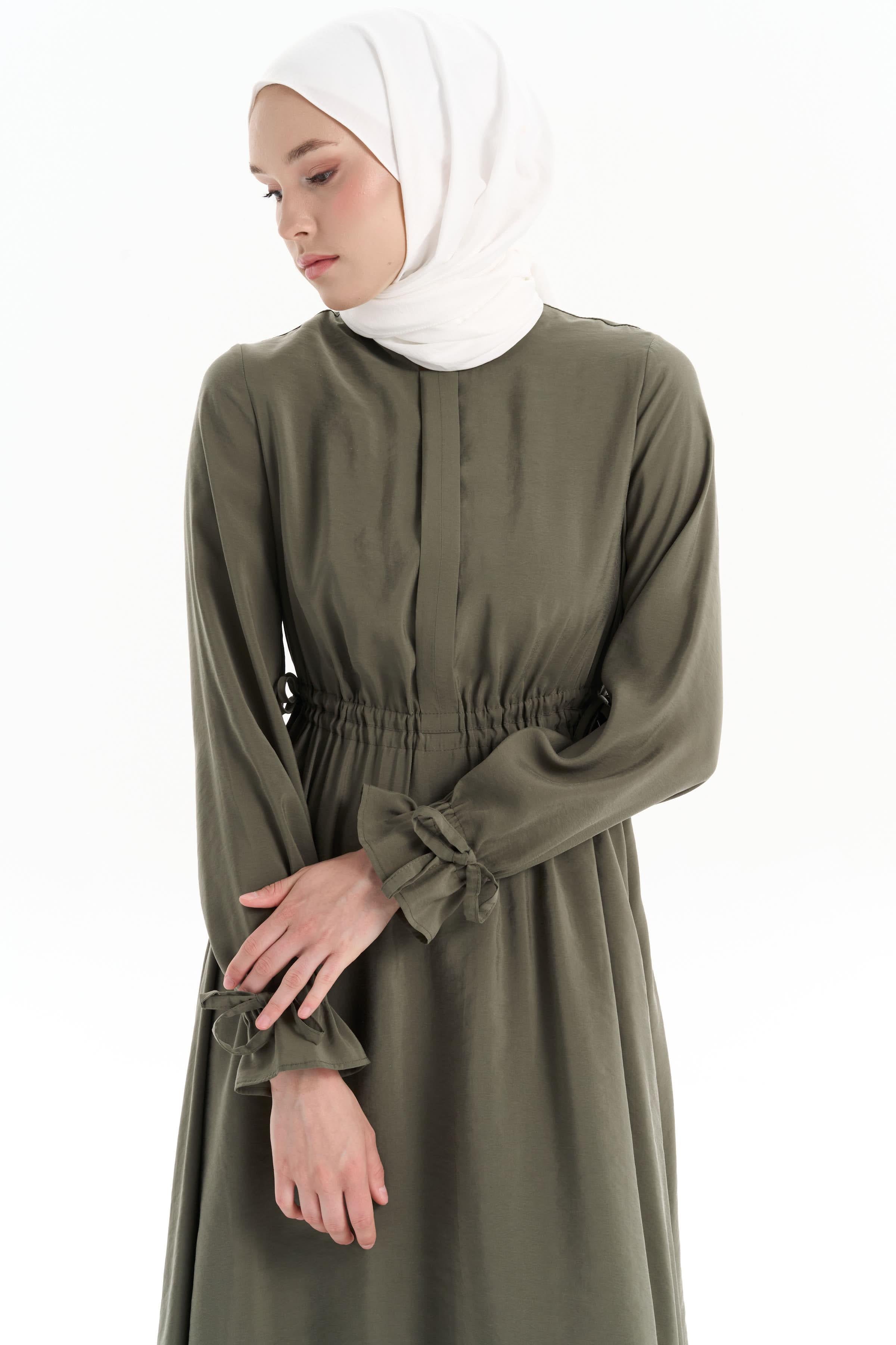 Bel Büzgülü Hakim Yakalı Elbise - Haki TUGBA