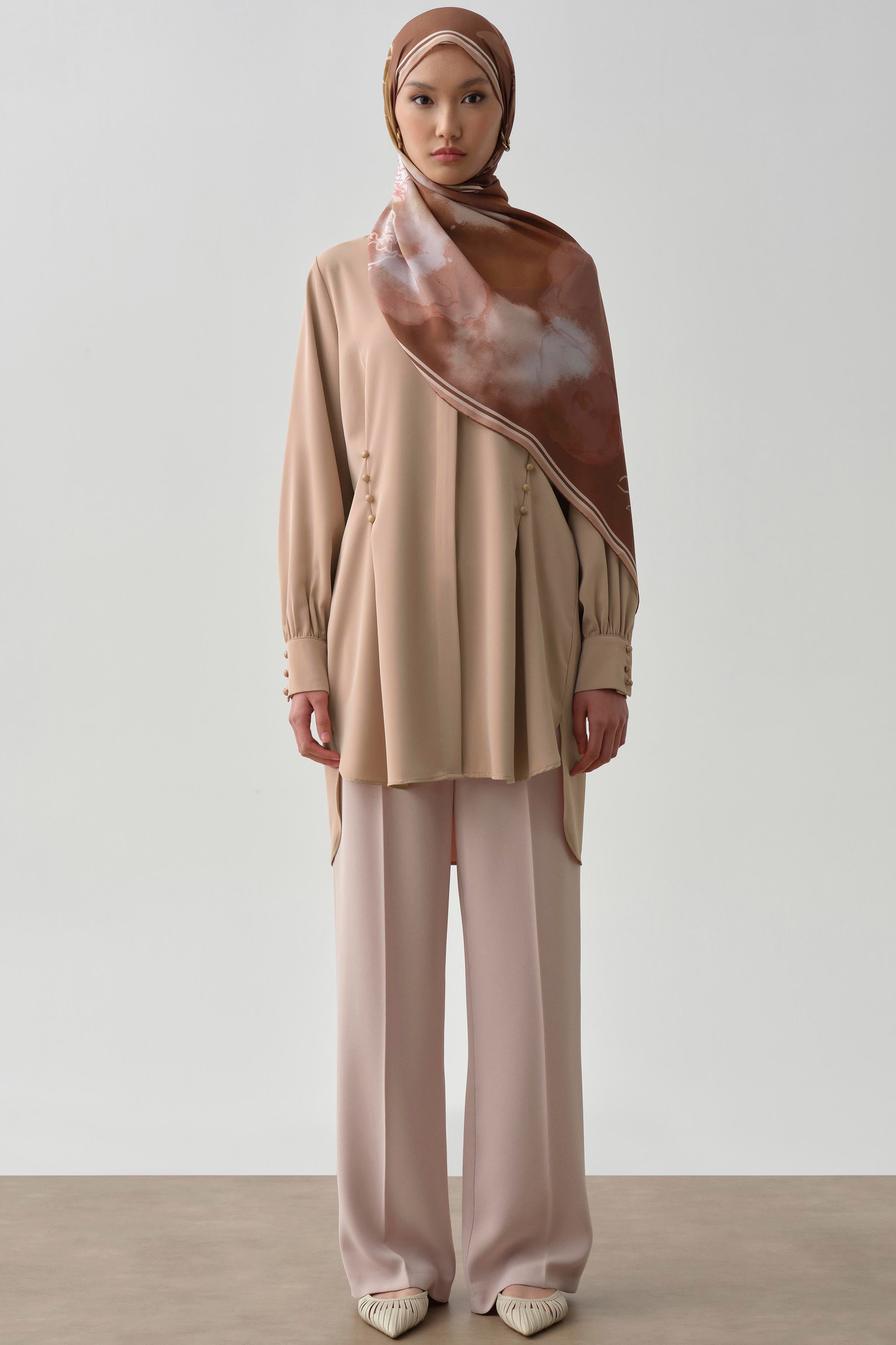 Bel Düğme Detaylı Tunik - Bej TUGBA