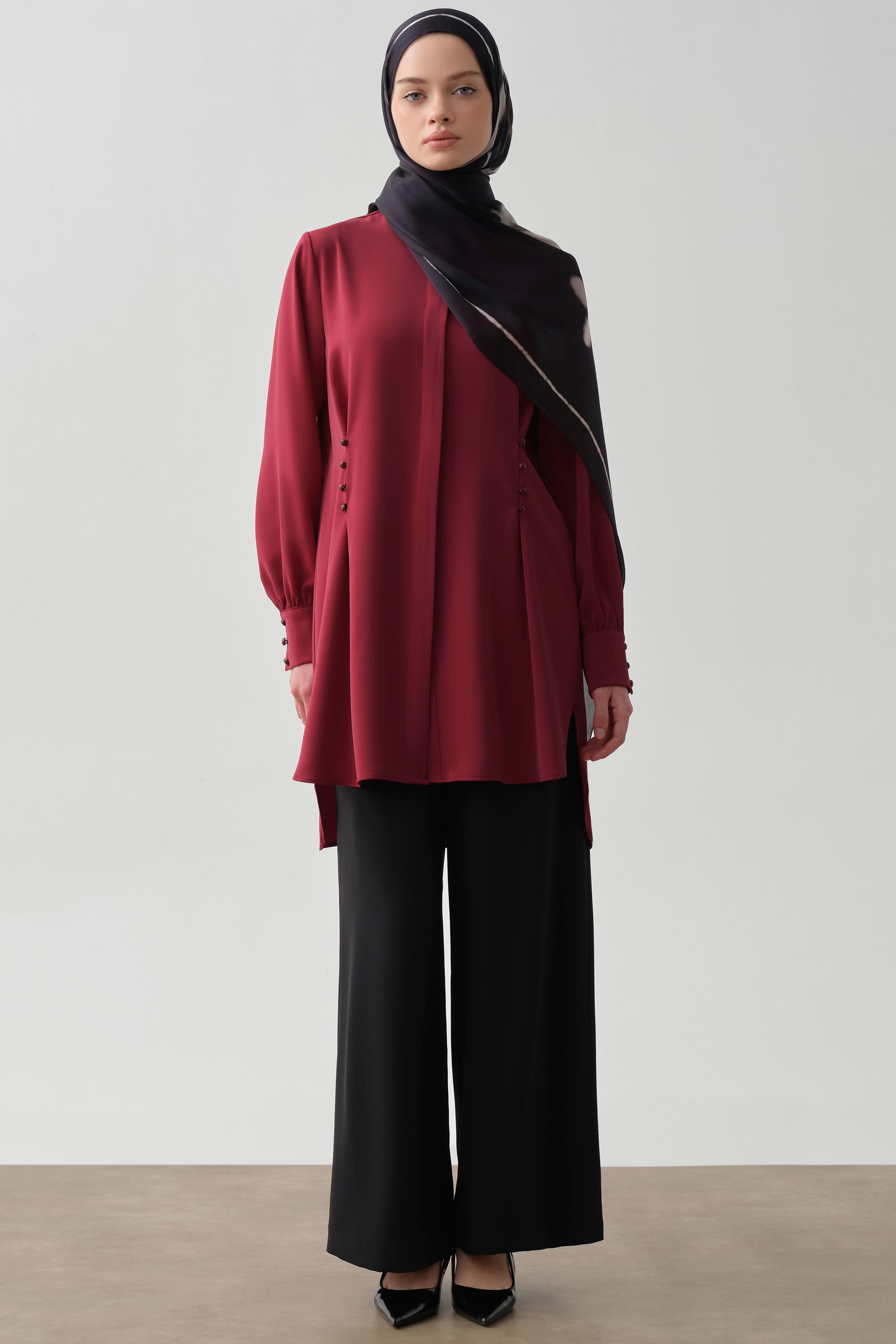 Bel Düğme Detaylı Tunik - Kırmızı TUGBA