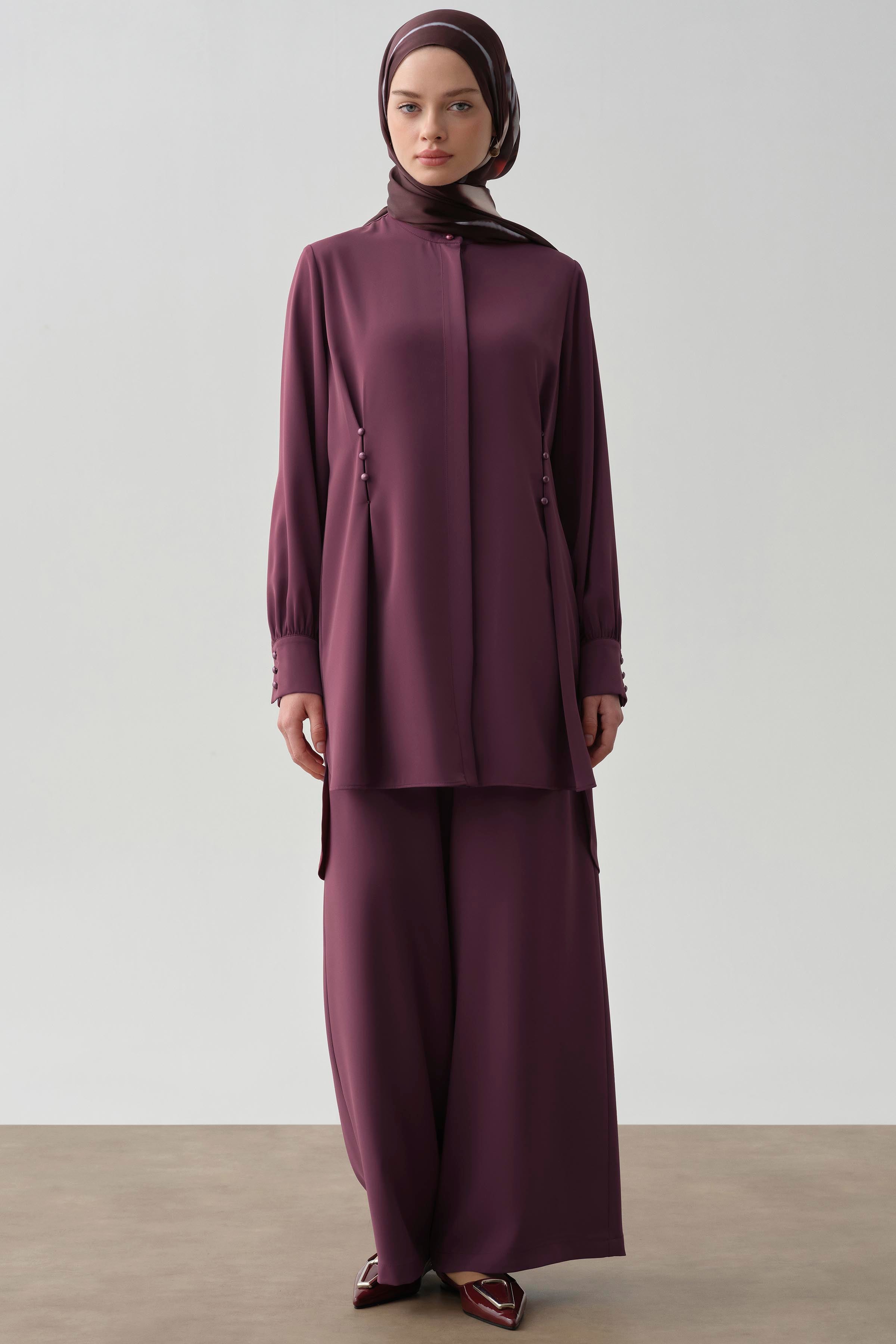 Bel Düğme Detaylı Tunik - Mürdüm TUGBA