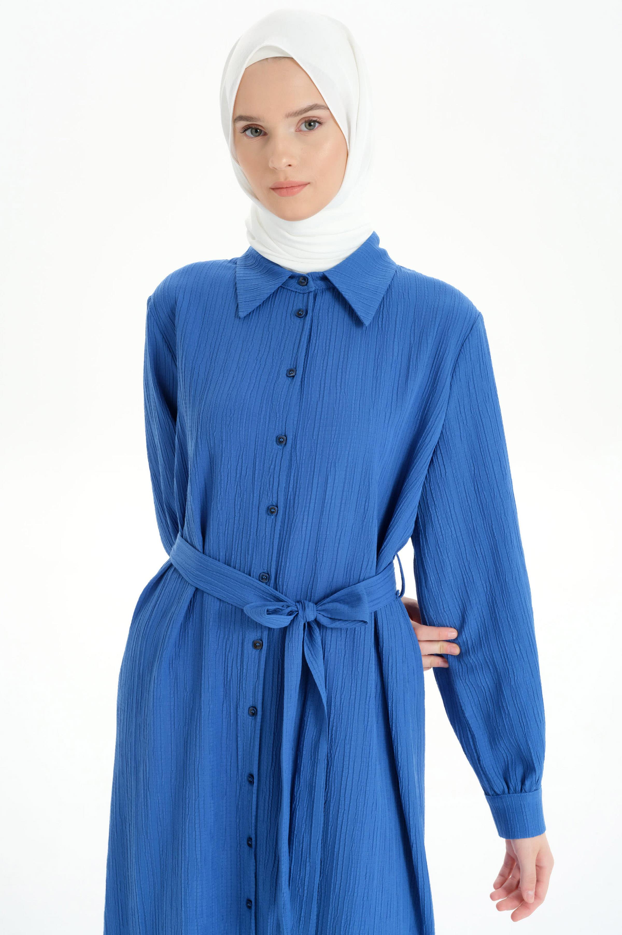 Bel Kuşaklı Uzun Tunik - Saks TUGBA