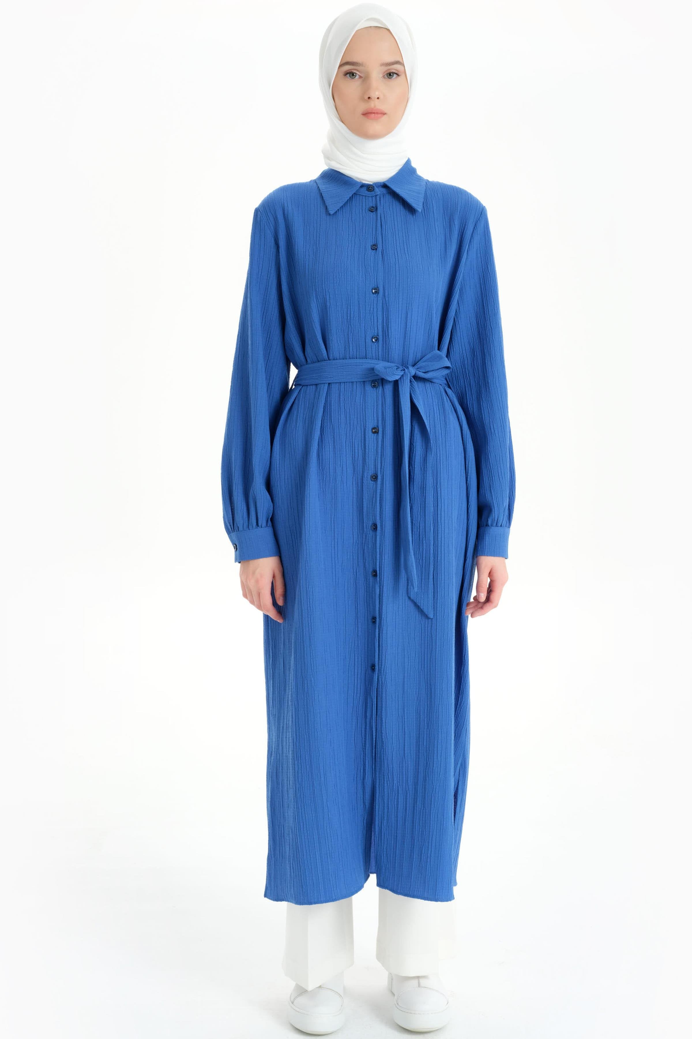 Bel Kuşaklı Uzun Tunik - Saks TUGBA