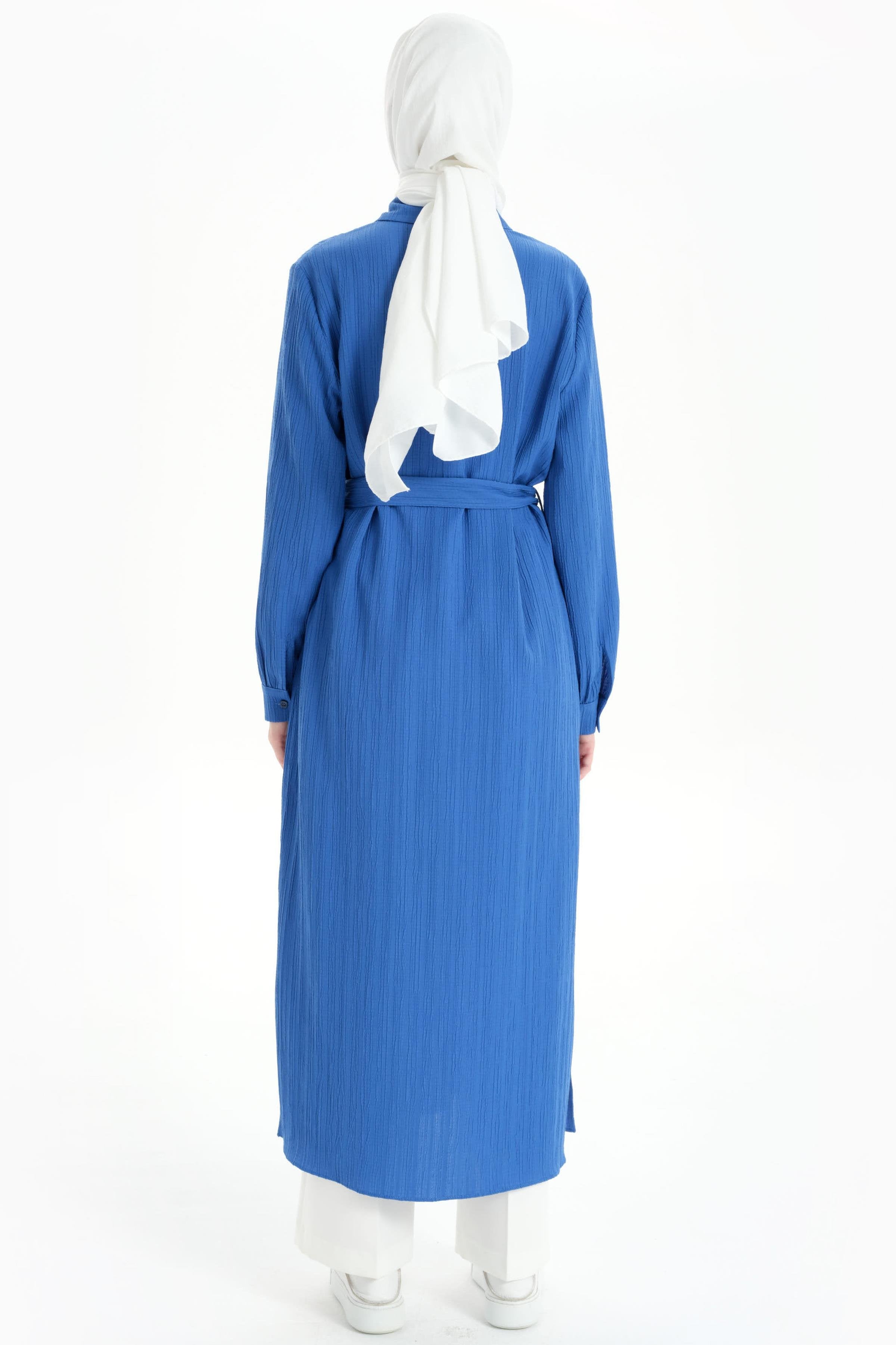 Bel Kuşaklı Uzun Tunik - Saks TUGBA