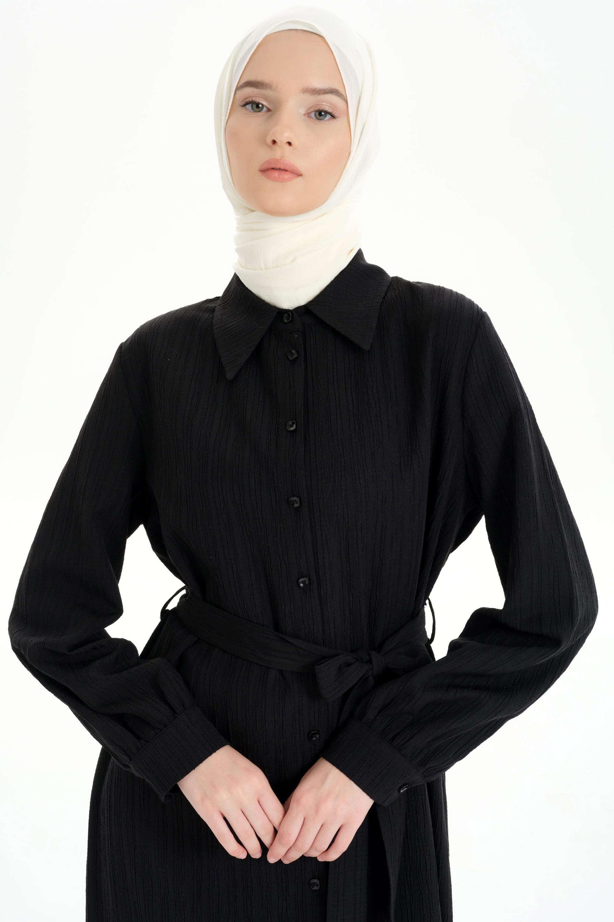 Bel Kuşaklı Uzun Tunik - Siyah TUGBA